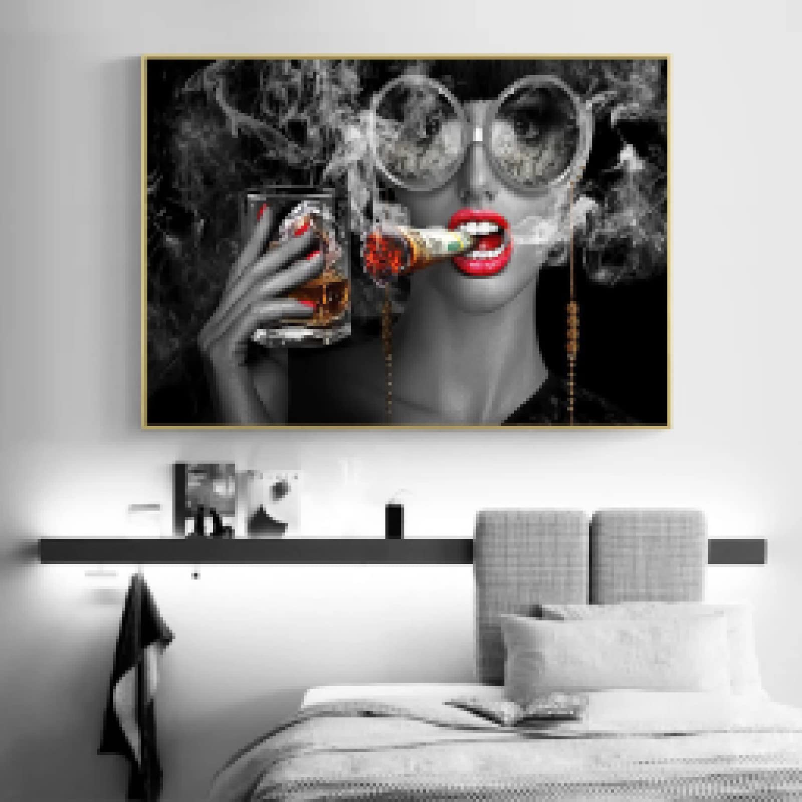 GEMMII Leinwandbild XXL- Sexy Frau Poster Rauchen Malerei Leinwand Wandkunst Bilder Für Bar Moderne Wohnkultur Gläser Wein Zigarette 80x120 cm Rahmenlos