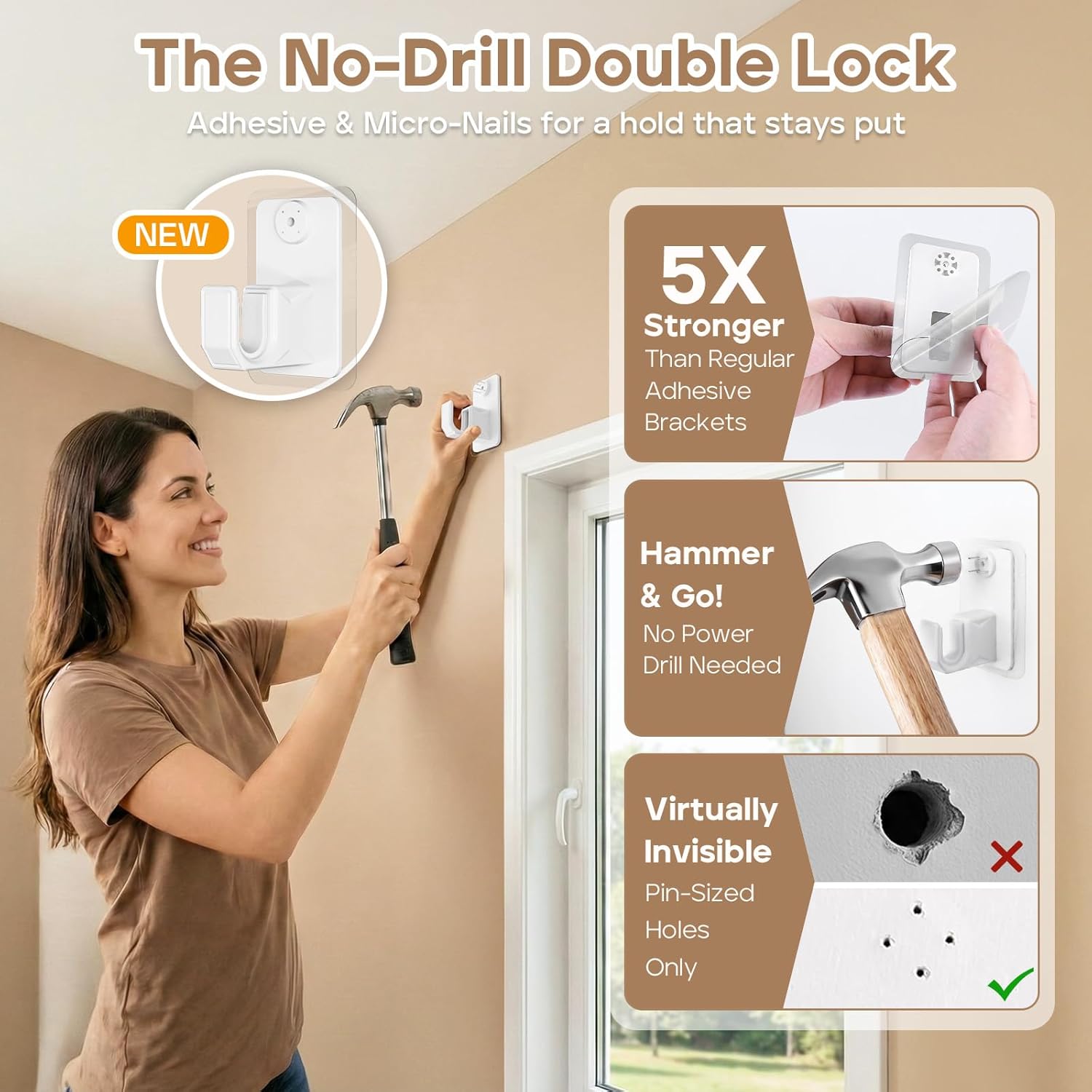 No-Drill Curtain Rod with Adhesive & Pin-Nail Mount System - Renter Friendly & Minimal Wall Damage, 5/8" Diameter White Adjustable Rod for Windows 48 to 84 Inch