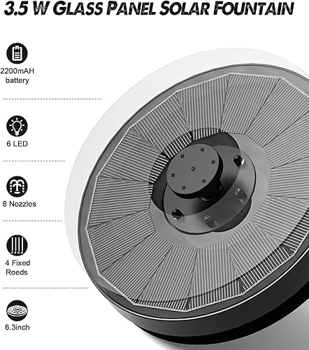 Miniatura 2 de Yzert Panel de Vidrio de Fuente Solar con Batería de 2200 mAh, Fuente de Agua Solar Flotante de 3.5W con 4 Varillas Fijas, Bomba Solar para Baño de
