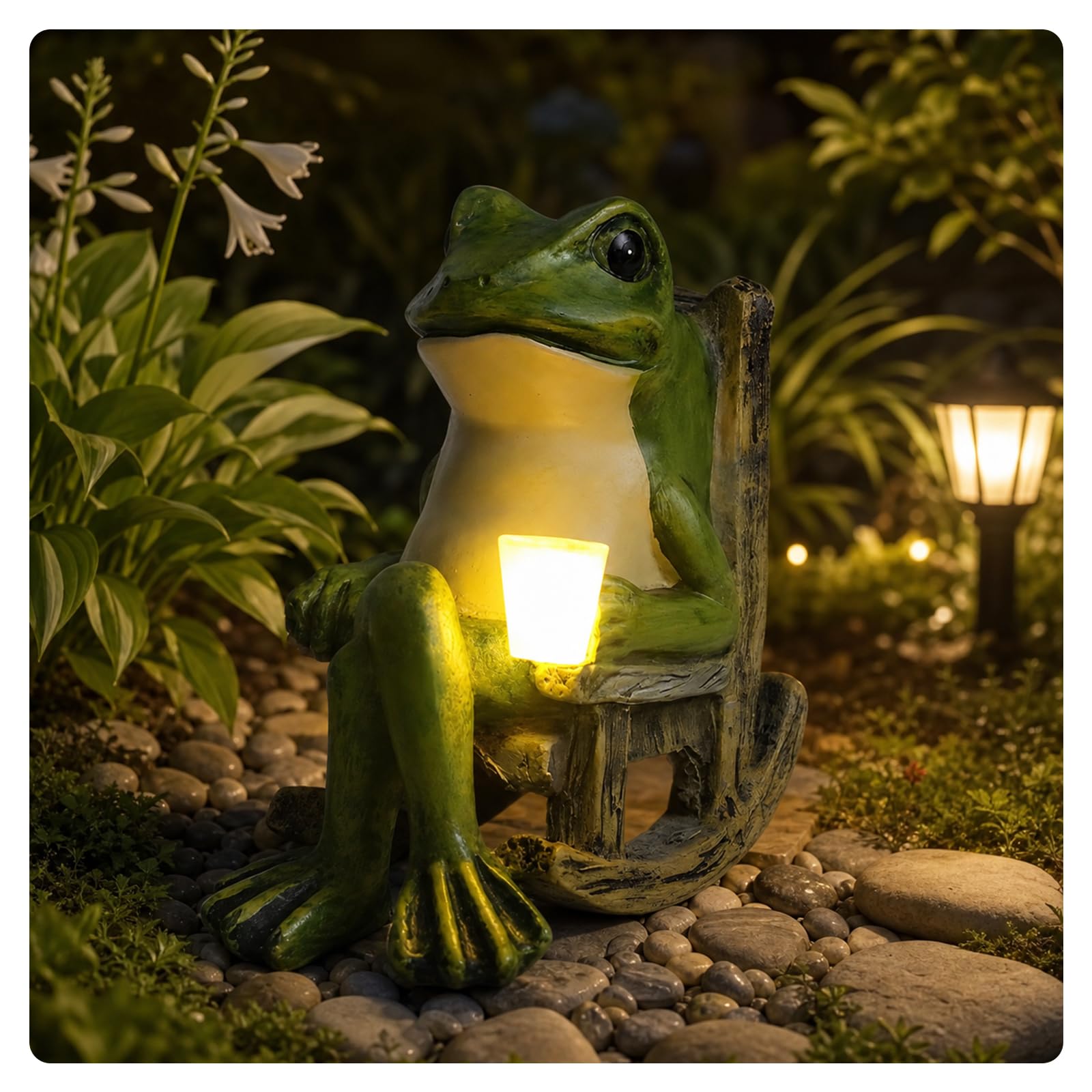 AFIODA Solar Powered Frog Garden Ornament - 3.9" Resin Animal Statue with Waterproof LED Lights, Decorative Night Light for Outdoor Patio, Yard & Porch, Cute Housewarming Birthday Gift