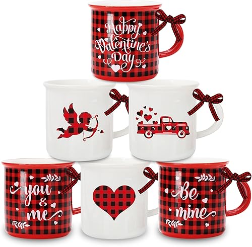Whaline 6 mini tazas de café para el día de San Valentín con cinta color rojo y negro a cuadros camión cupido mini taza bandeja escalonada de San