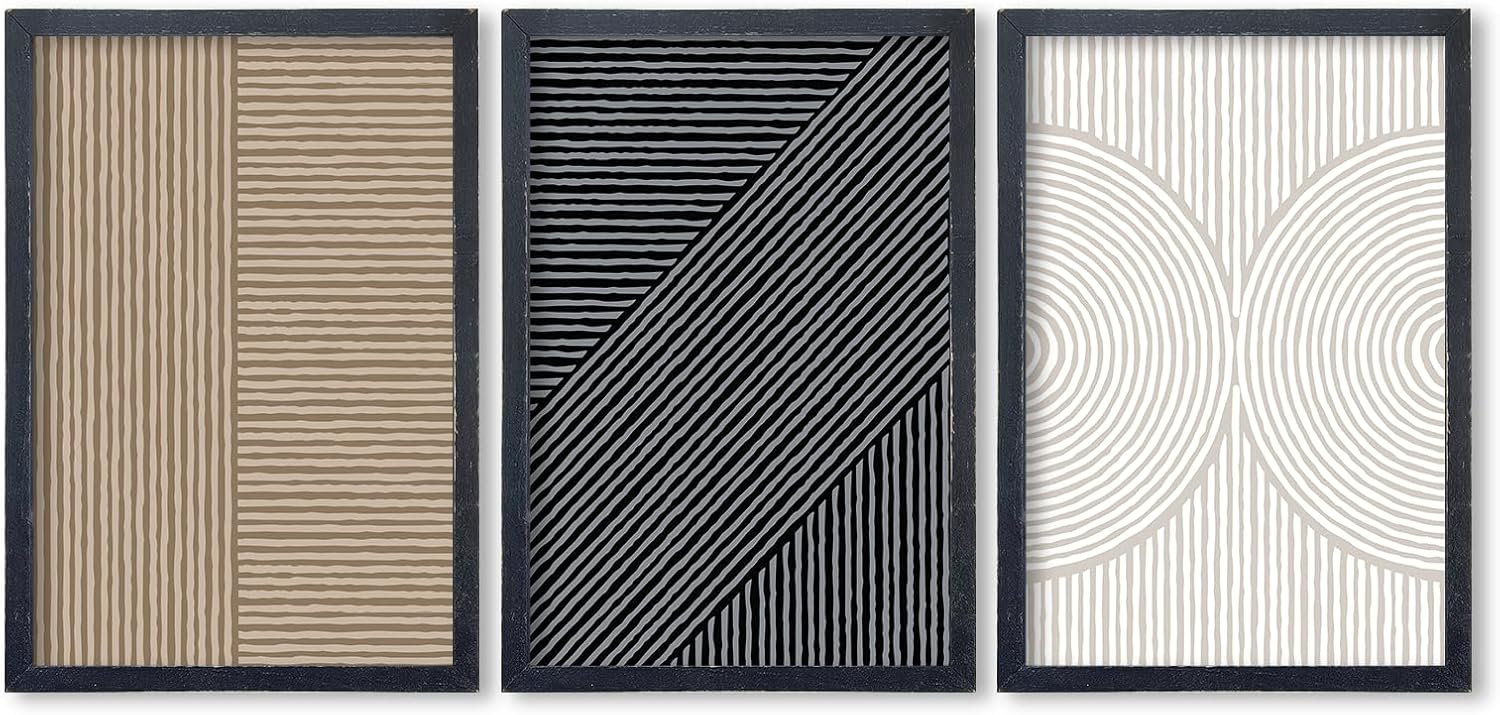 Boho Modern Abstract Pictures Wall Art Decor 16"x11"Set of 3 Living Room Neutral Minimalist Line Wooden Framed Plaque Farmhouse Home Office Bedroom Mid Century Sign Wall Hanging (Black)