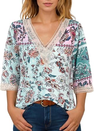 IRISGOD Womens 3/4 Length Sleeve V Neck Tops Dressy Casual Chiffon Blouse Summer Floral Bohemian 2025 Tredny Shirts