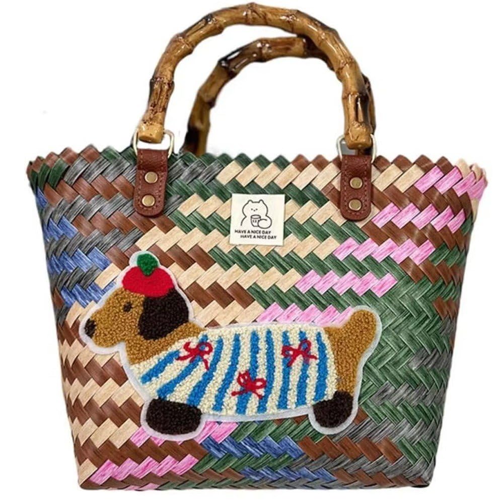 Poignée en bambou et motif chien de saucisse pour ce sac