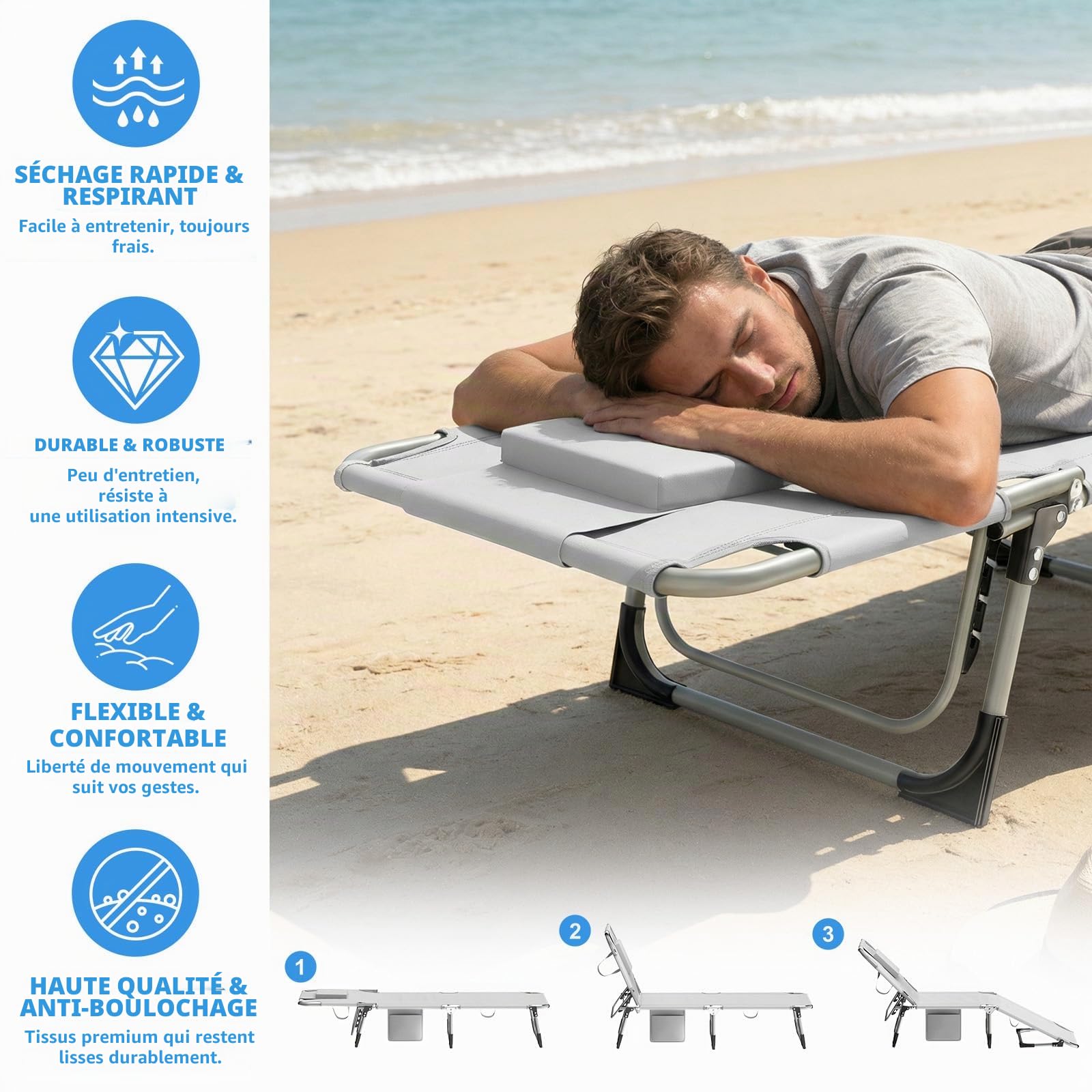 Huracan Lot de 2 chaises longues de jardin, pliables, avec ouverture pour le visage, coussins amovibles et dossier réglable en 3 positions, charge maximale 160 kg, pour jardin, balcon et terrasse