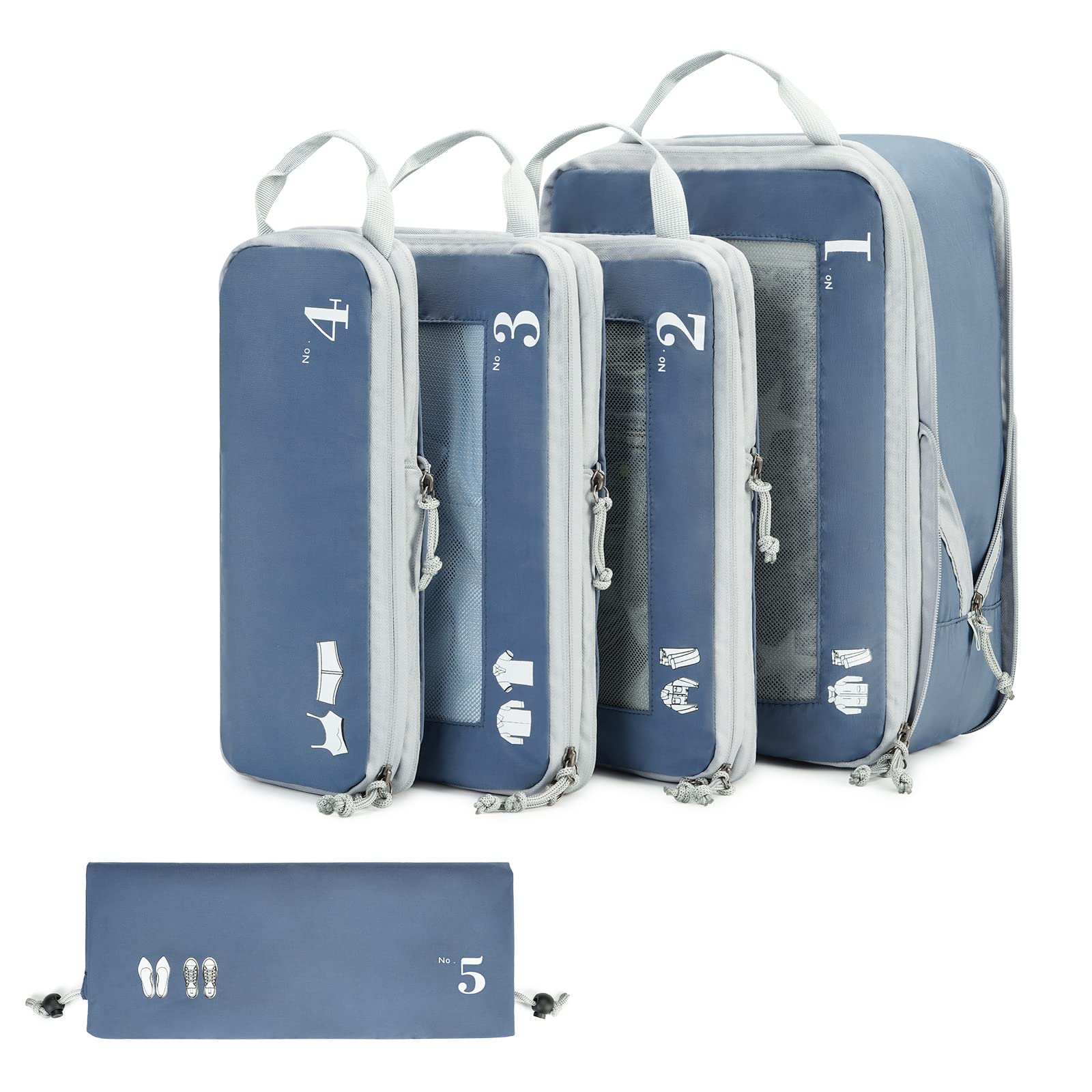 ECOHUBECOHUB 5 Set Compression Packing Cubes for Suitcases Organiser Bags Travel Accessories with Shoes Bag Tear-resistant Travel Cubes with ID Tag Expandable Packing Bags(Blue)