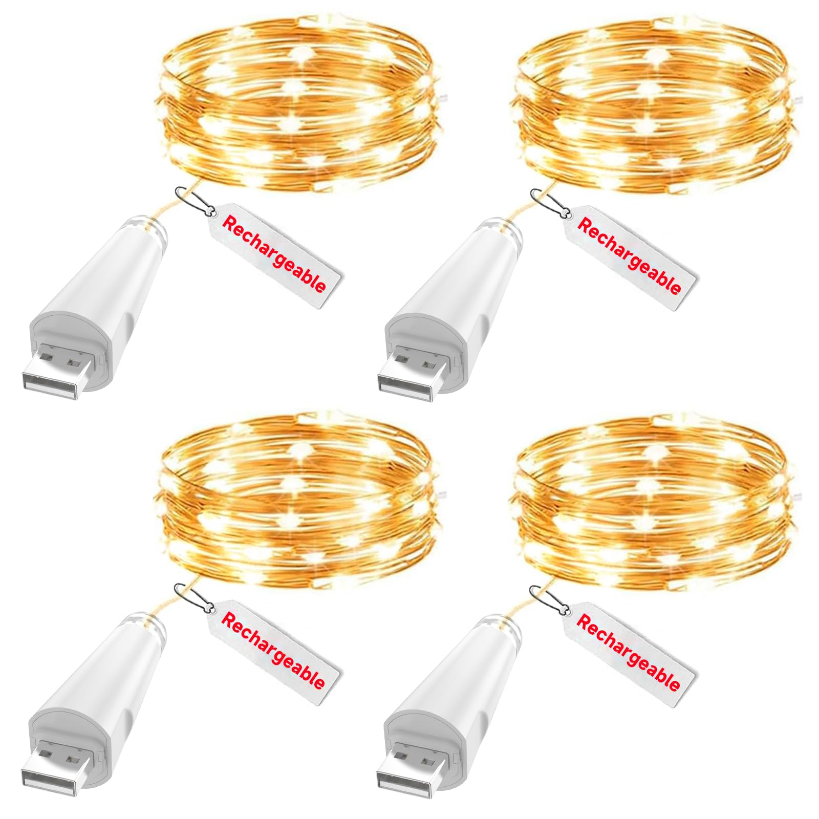 OUSMIN USB Wiederaufladbare LED Lichterkette, 2m 20er Fairy String Lights, Batteriebetrieben für Einmachgläser, Hochzeit Tischdeko & Weihnachtsdekoration(4er-Pack)