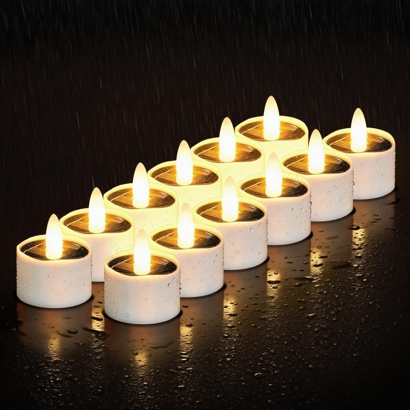 HL Solar Teelichter für Außen Wasserdicht,Flammenlose Solarkerzen,Solar licht outdoor Dusk To Dawn solarlichter Wiederaufladbar LED Flackernd für Garten Party Tisch Deko(Warmweiß 12 Stück 3.8cm)