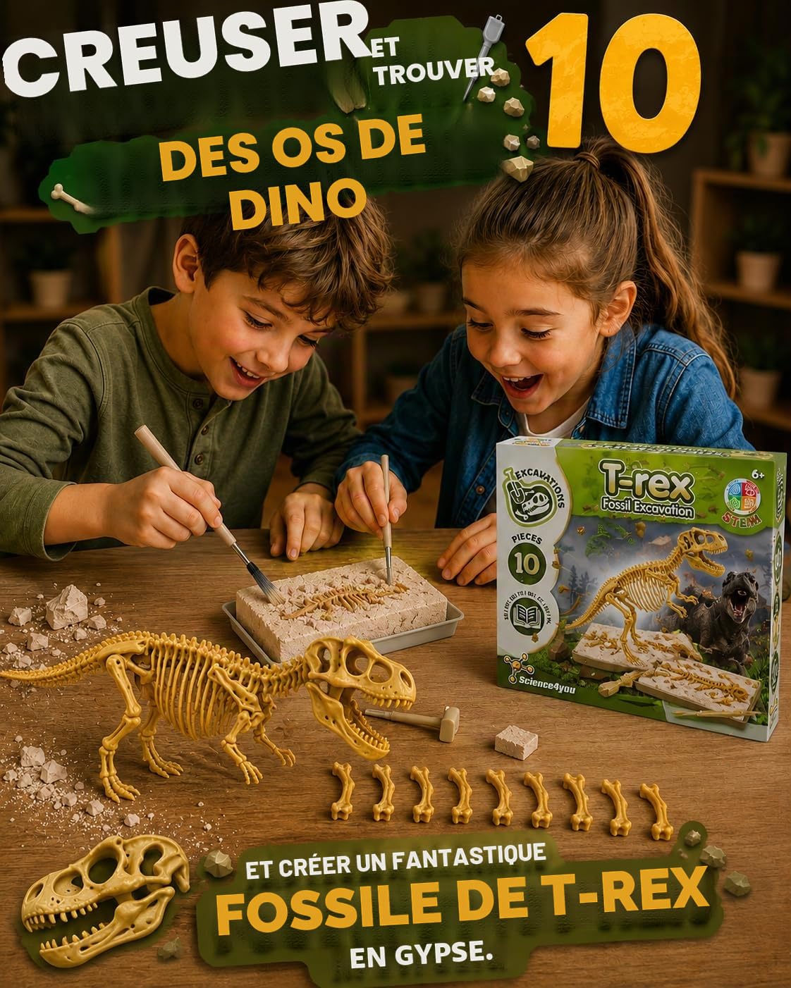 Science4you Dinosaure T-Rex Kit de Fouille pour Enfants +6 Ans - Excaver et Assembler Fossiles, Jeu d'Archéologie