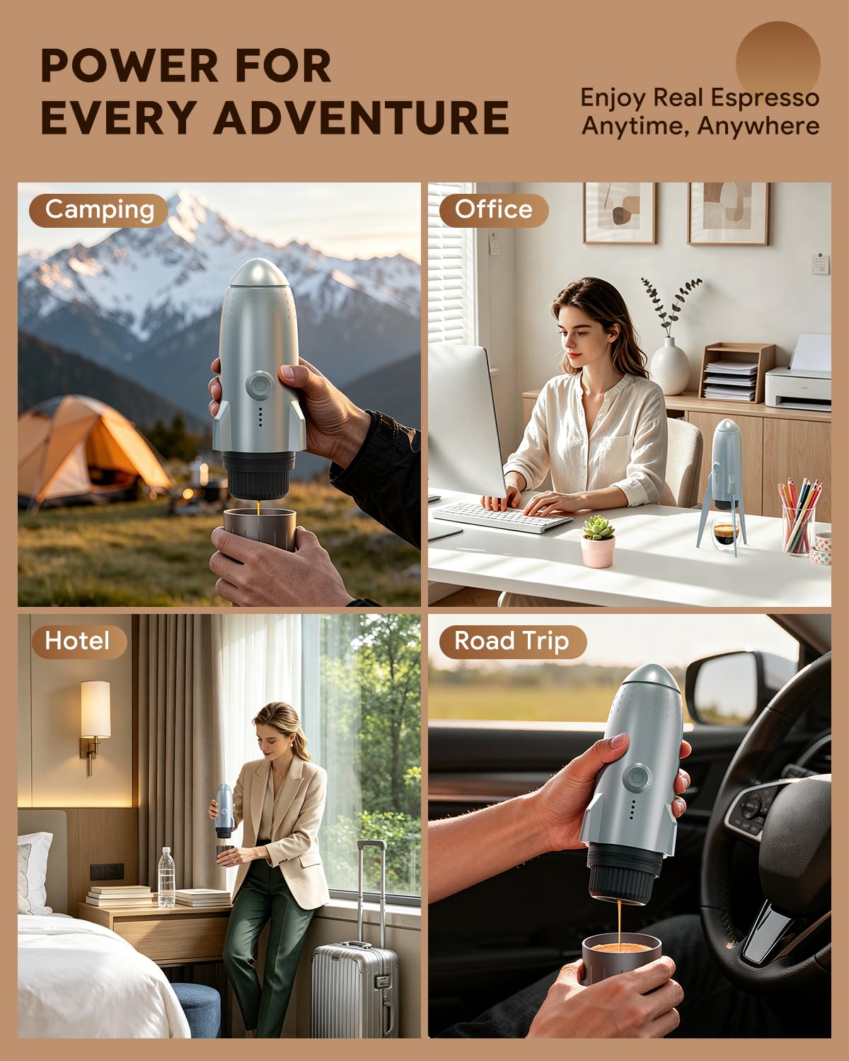 Cafetera eléctrica portátil de café espresso de viaje para camping, autocalentamiento 3 en 1 para café molido y cápsulas DG NS para viajes, camping y senderismo (gris espacial)
