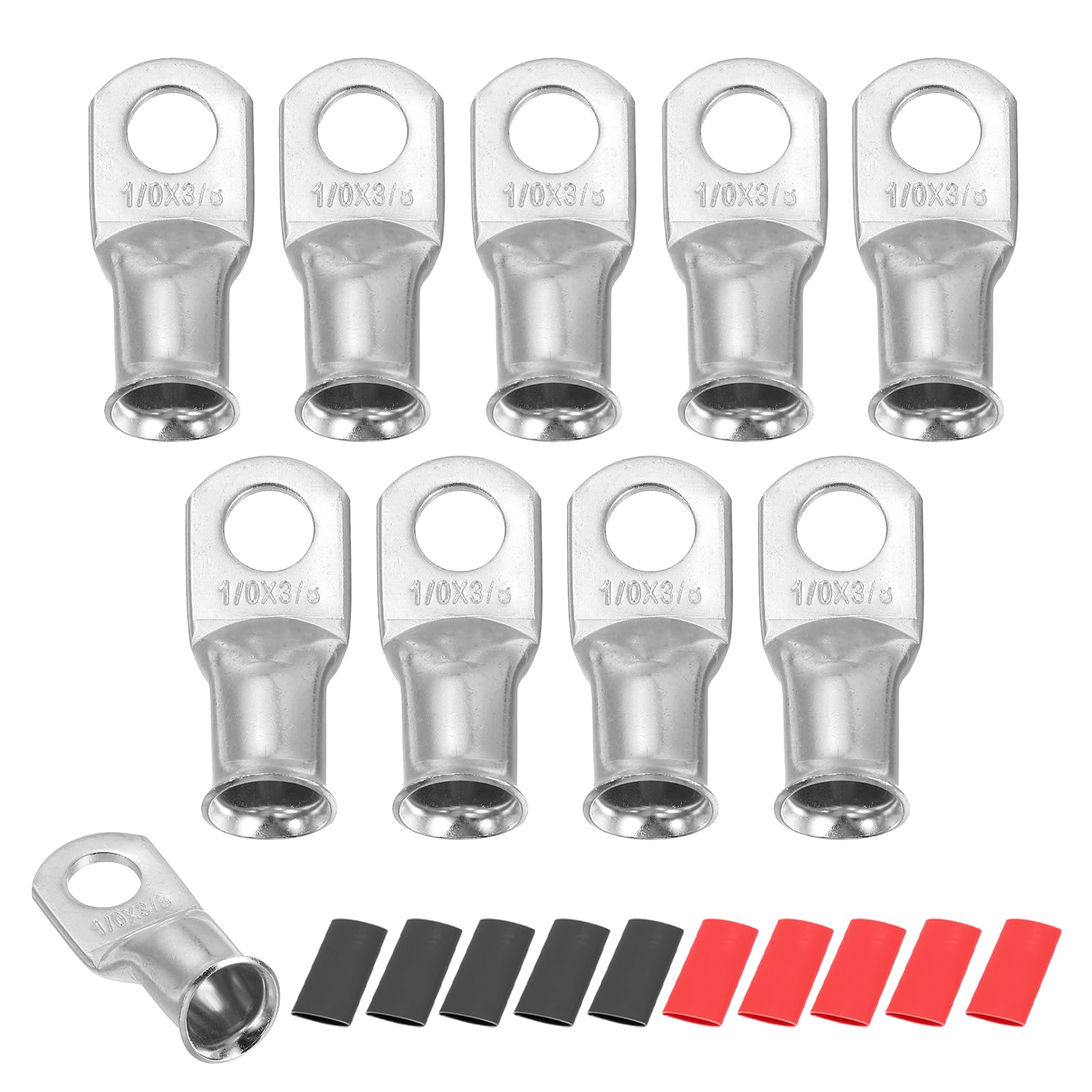 sourcing map 10pcs 1/0 AWG M10 Battery Lugs Ring Terminals, 3/8" 10mm Stud Crimp Wire Terminal Connector End Copper, 2:1 Heat Shrink Tubing, Silver