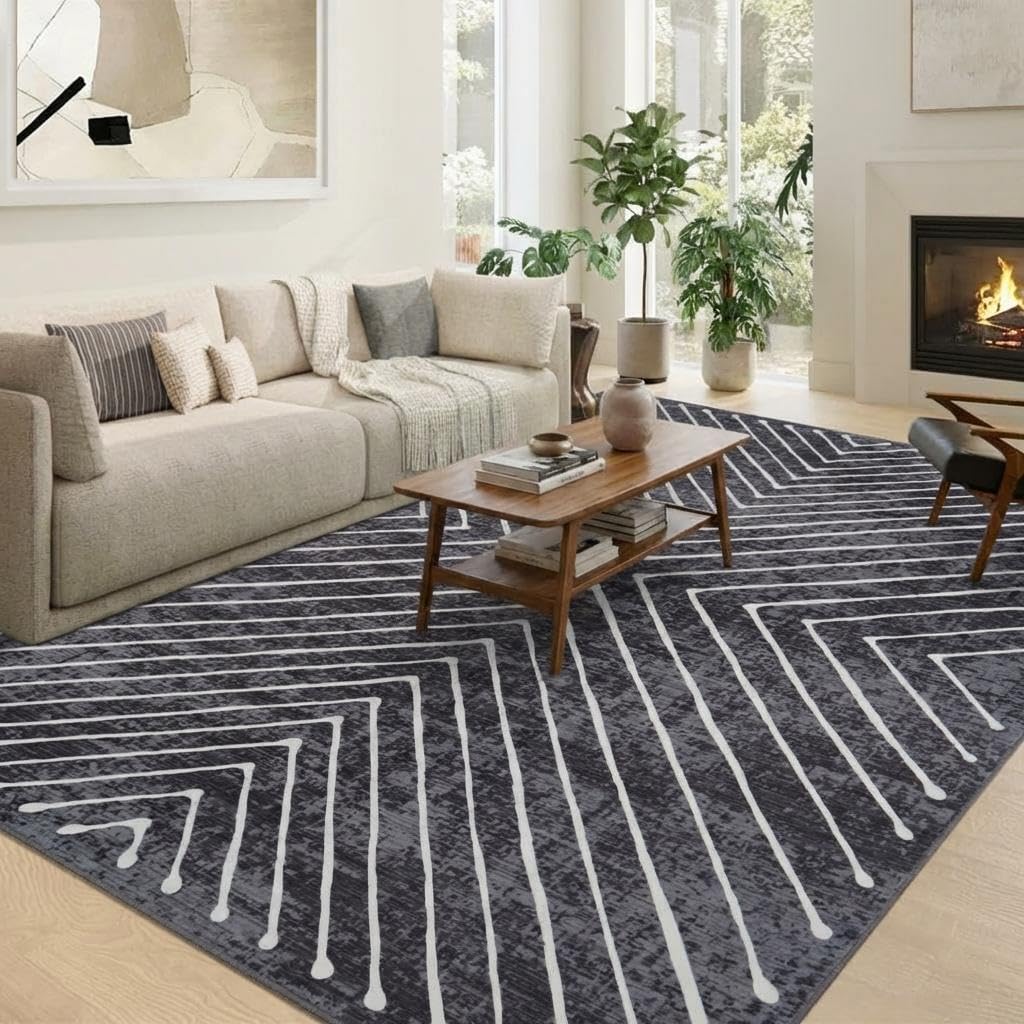 Modern Bedroom Rug 4x6 Ultra-Soft Low Pile Throw Carpet, Non-Slip Non-Shedding Floor Rug, Machine Washable Foldable Printed Indoor Mats for Living Room, Nursery, Playroom, Dark Gray