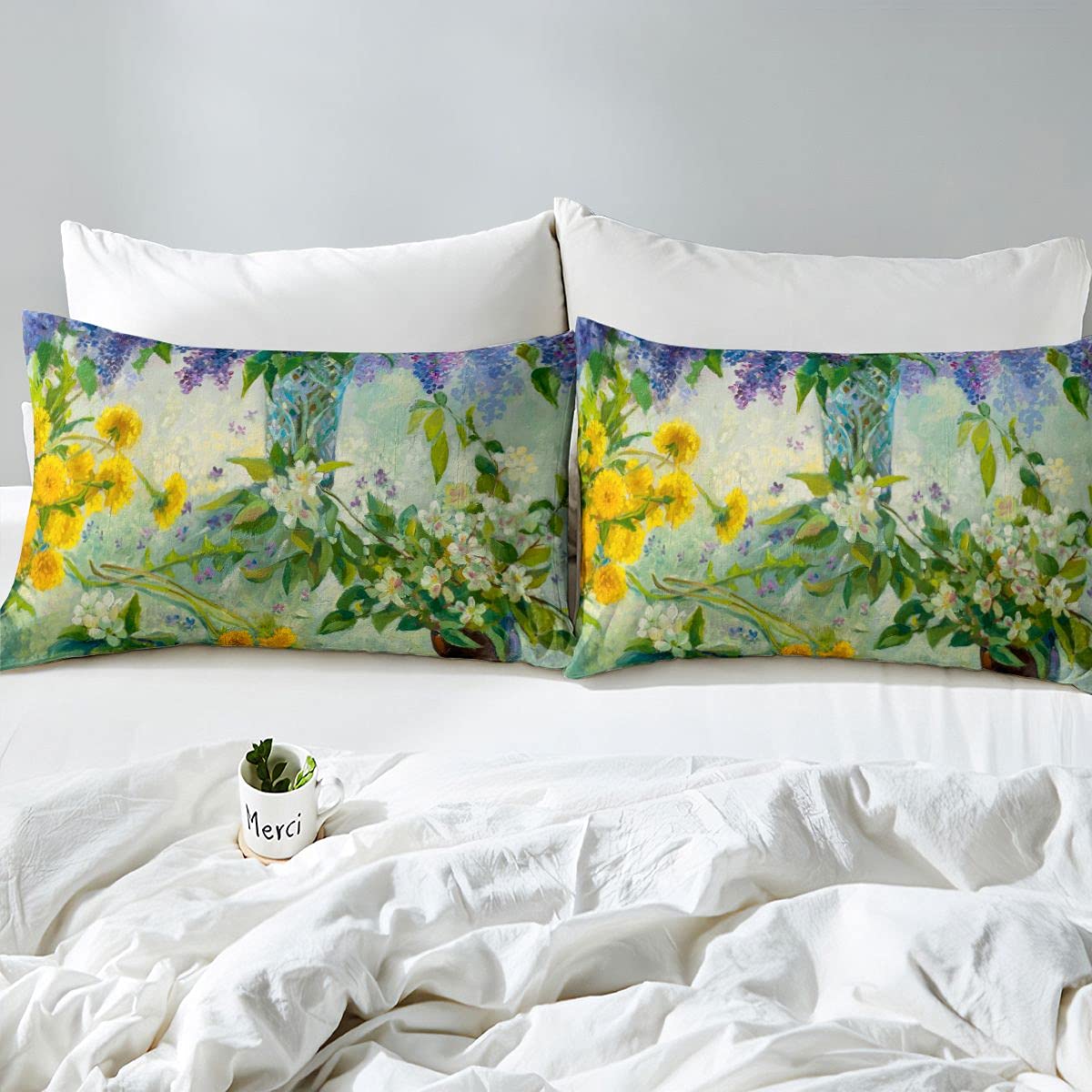 Juego de ropa de cama con estampado floral al óleo y flores de flores, ropa de cama y lino para niños, niñas, adolescentes, hojas botánicas, funda de edredón transpirable, funda de edredón y ropa de