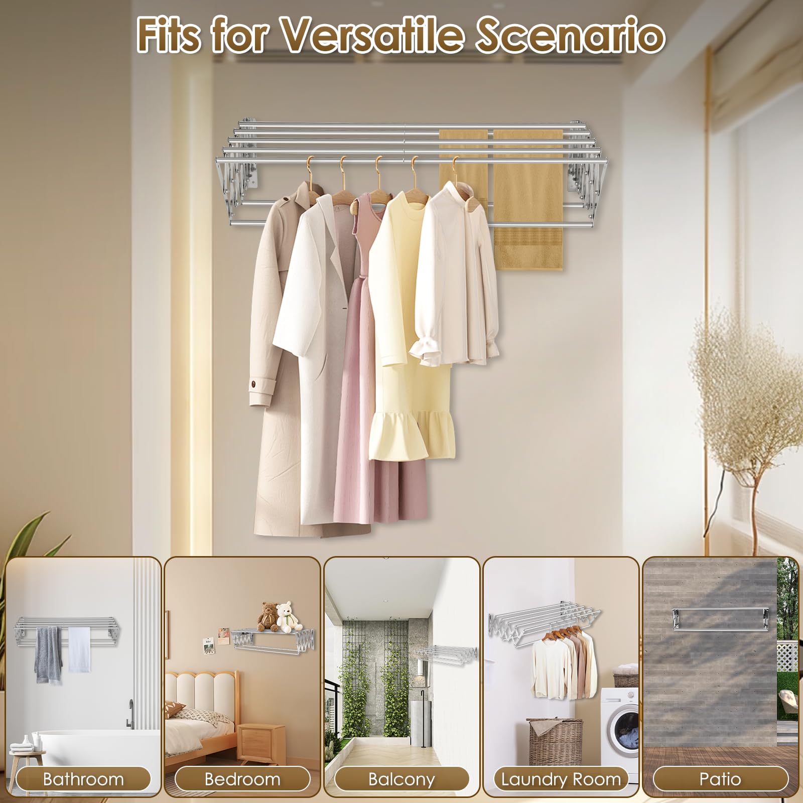 XL-31.5 pulgadas - Estante de secado de ropa para montaje en la pared, 130 libras, gran capacidad, a prueba de óxido, retráctil, estante de secado plegable, fácil de instalar con 7 varillas de secado 7