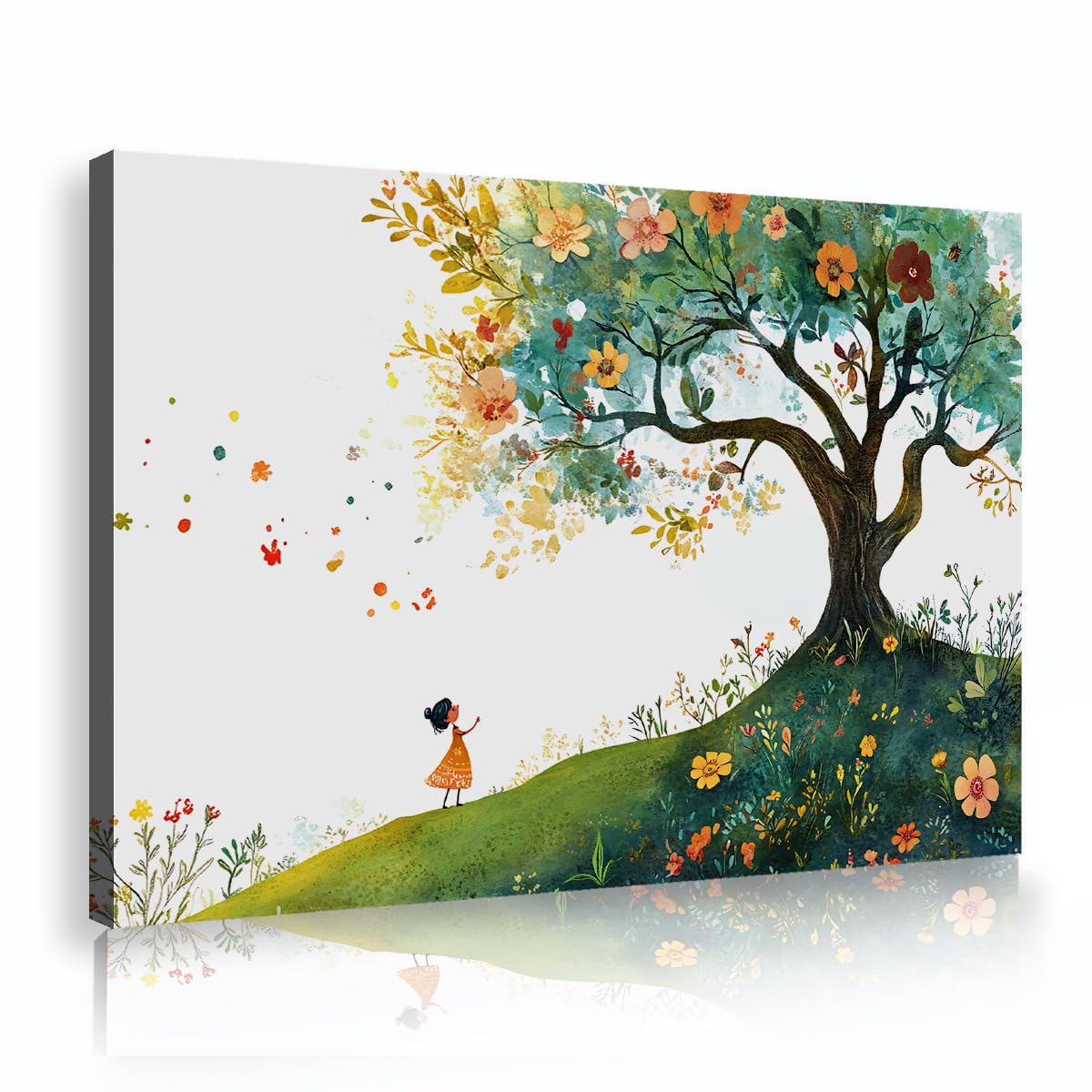 TOANGWALL Cute Girl Tree Canvas Wall Art Cute Flower Garden Painting Falling Leaves Illustration Poster Prints Modern Framed Mural Pictures For Nursery Playroom Decor 75x115cm