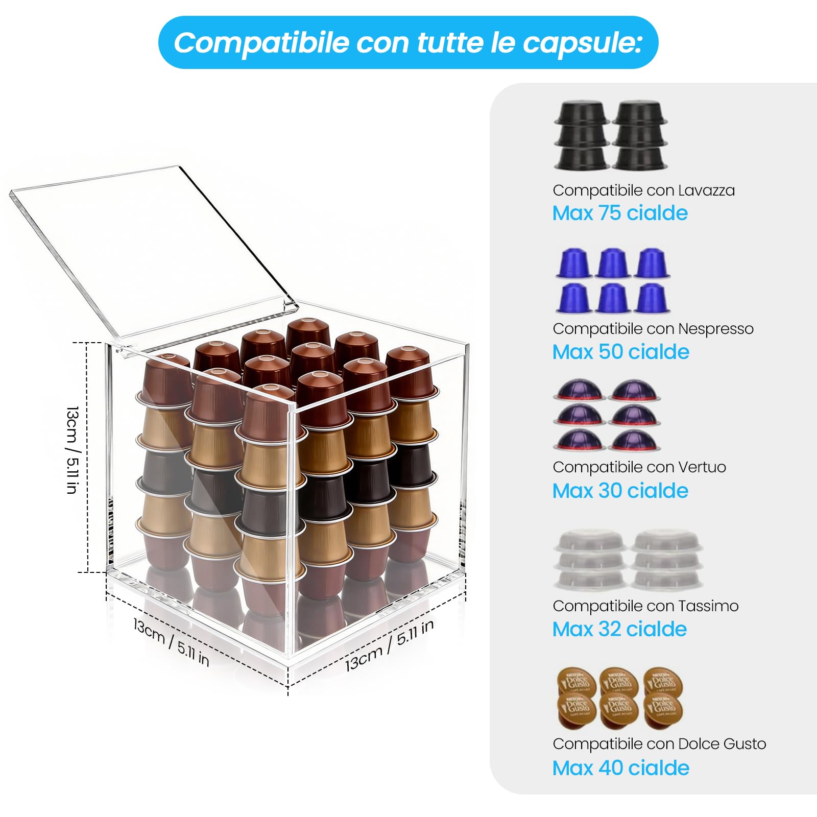 Porta Capsule Caffe Trasparente, Cubo Porta Capsule Caffè In Acrilico, Dispenser Capsule Caffe Per Capsule Nespresso O Dolcegusto, Contenitore Multifunzione, 13 x 13 x 13 cm