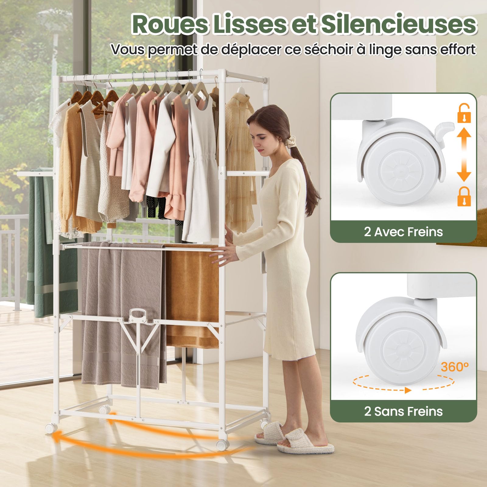 COSTWAY Grand Séchoir à Linge Pliable en Alu, Étendoir à Linge a roulettes 174 CM, 10 Barres, 2 Tringles, 2 Ailes Latérales, Étagère Rabattable, Portant a Vetement, Tancarville Linge, Montage Rapide