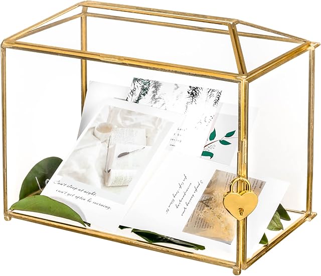 NCYP Glass Wedding Card Box with Slot and Lock for Reception, Handmade, Party Post Card Holder, (26x15x20.3 cm) Geometric Keepsake Letter Envelope Box, Gold Large Decorative (Glass Box and Lock Only)