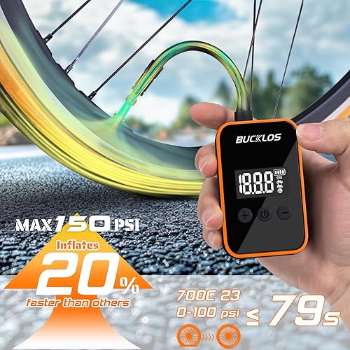 Miniatura 3 de BUCKLOS Mini bomba eléctrica para bicicleta portátil con medidor de presión, máx. 150 PSI, bomba de aire para bicicleta, parada automática, tipo C