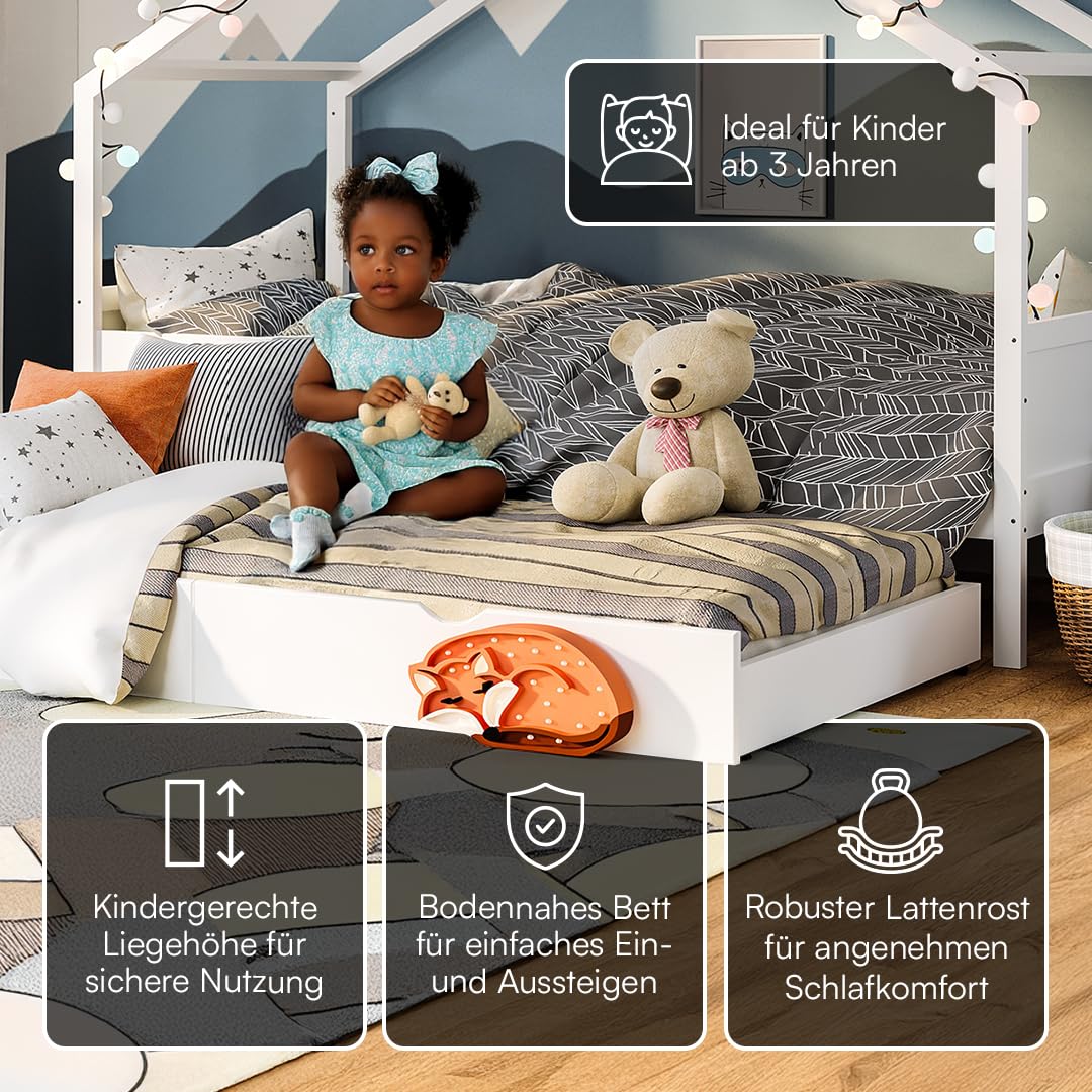 Bellabino Bela Kinderbett 90x200 cm – Hausbett mit Rausfallschutz & Lattenrost – Kinder Bett mit Gästebett für Jungen und Mädchen – Montessori Kinderhausbett aus Kiefer Holz in Weiß