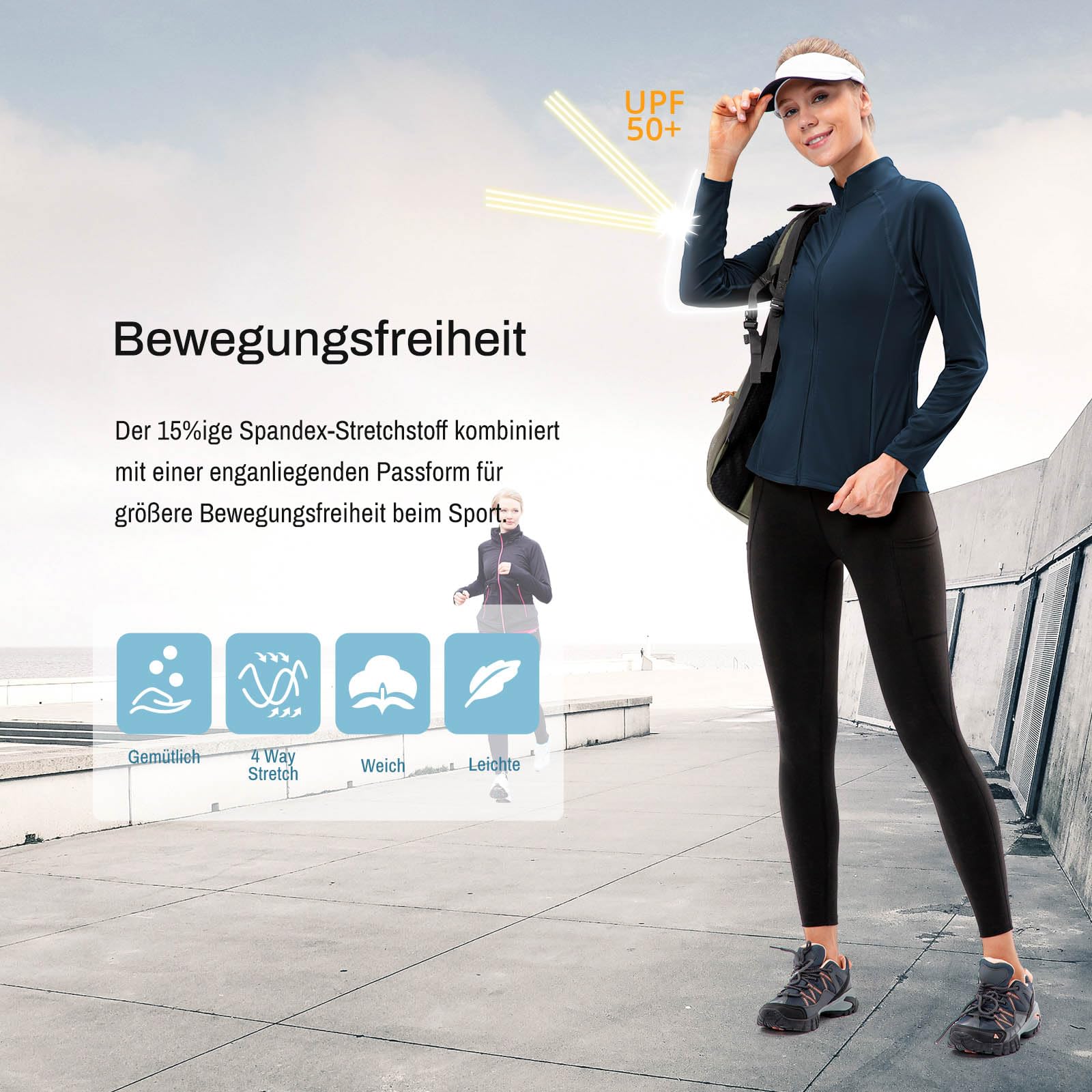 Laufjacke Damen Atmungsaktiv Taschen Sportjacke Damen Full Zip Leicht Trainingsjacke Damen Gym Fitness Yoga Langarm Shirt,Schnelltrocknend Weich UPF50+