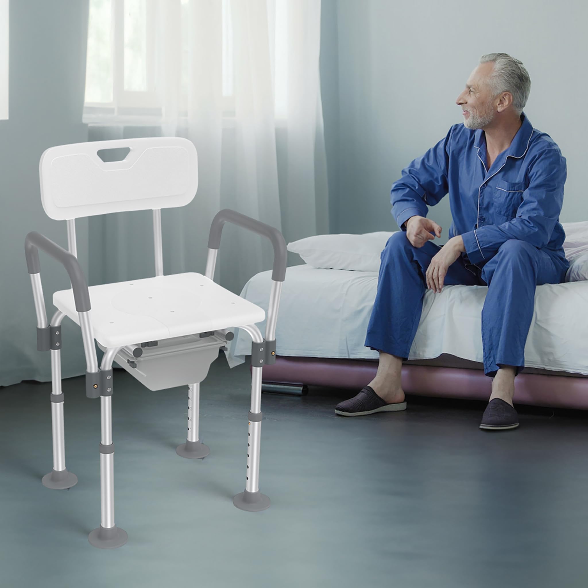 Aluminiowe higieniczne krzesło toaletowe z regulacją wysokości, ze zdejmowanymi podłokietnikami, oparciem, stołkiem prysznicowym, antypoślizgowe, do 150 kg