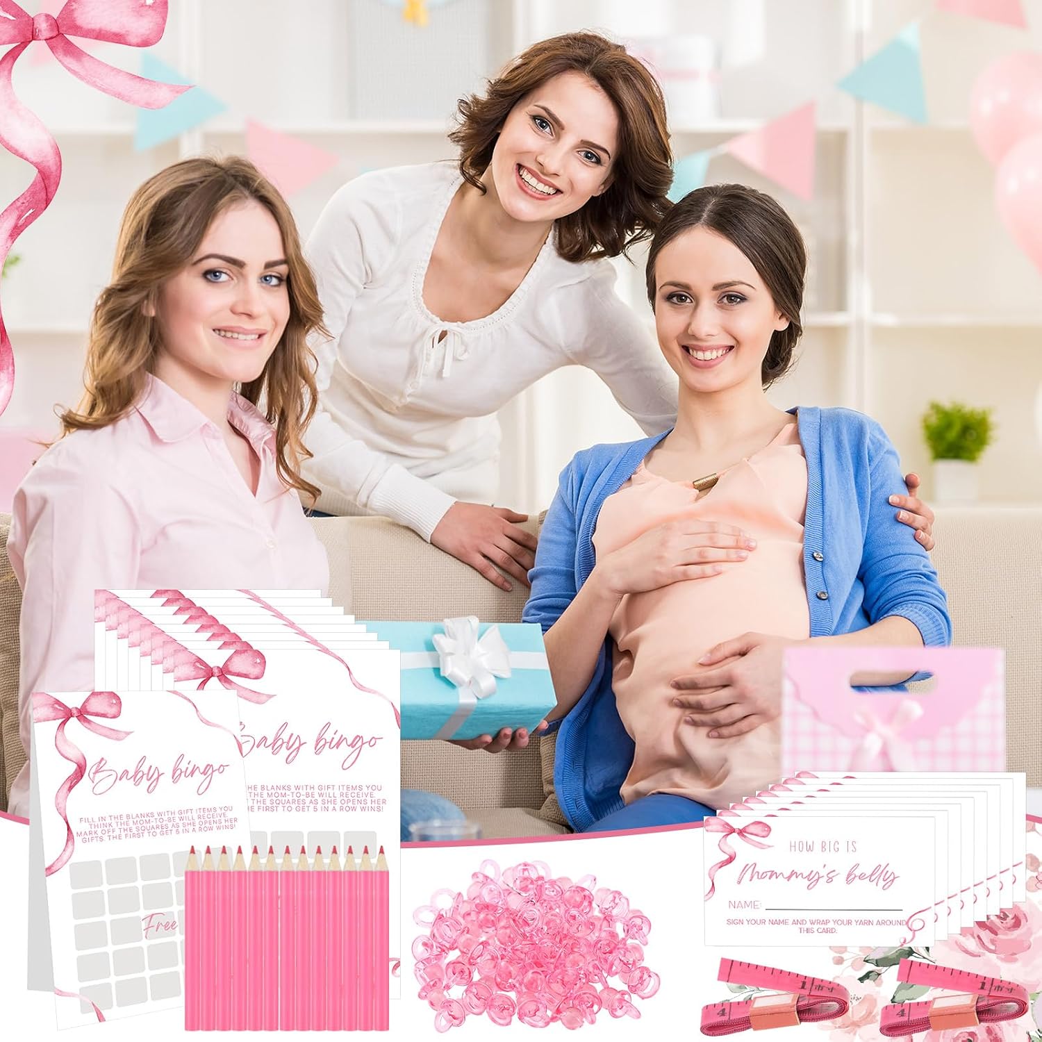 Honoson 279 Pcs Pink Bow Baby Shower Games for 50 Guest, 8 Games Include Baby Shower Bingo, Price Is Right, Mommy or Daddy, Word Scramble, Prediction and Advice, How Big Is Mommys Belly, Pacifier Hunt