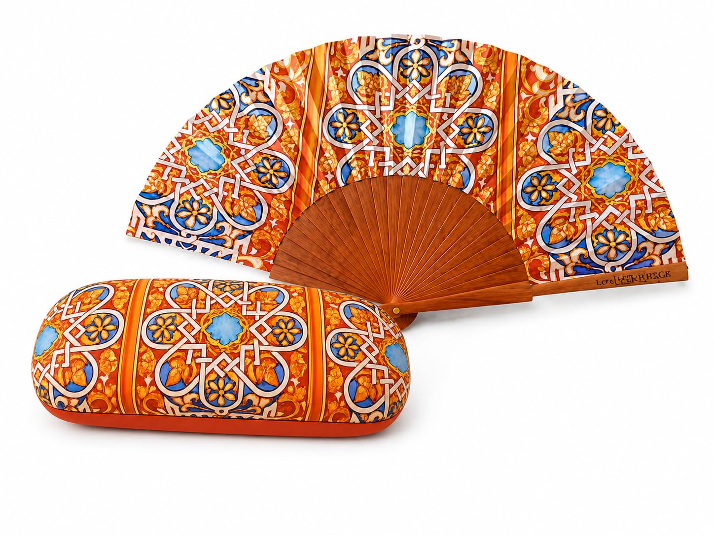 Handfächer & Brillenetui Set Stefanie, Buntglas Muster, Geschenkset Frauen | Faltbarer Handfächer mit Holzgestell und passendes Hartschalen-Brillenetui im farbigen Design – als Muttertagsgeschenk