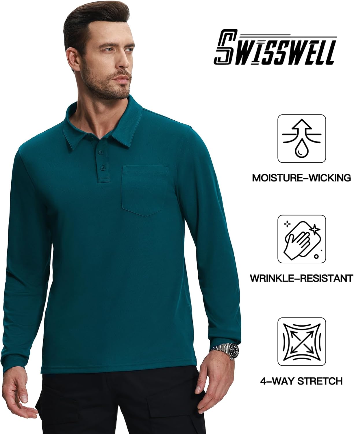 SWISSWELL 3 Pack Long Sleeve Polo Shirts for Men Moisture Wicking Work Collared Shirt with Pocket - Image 2