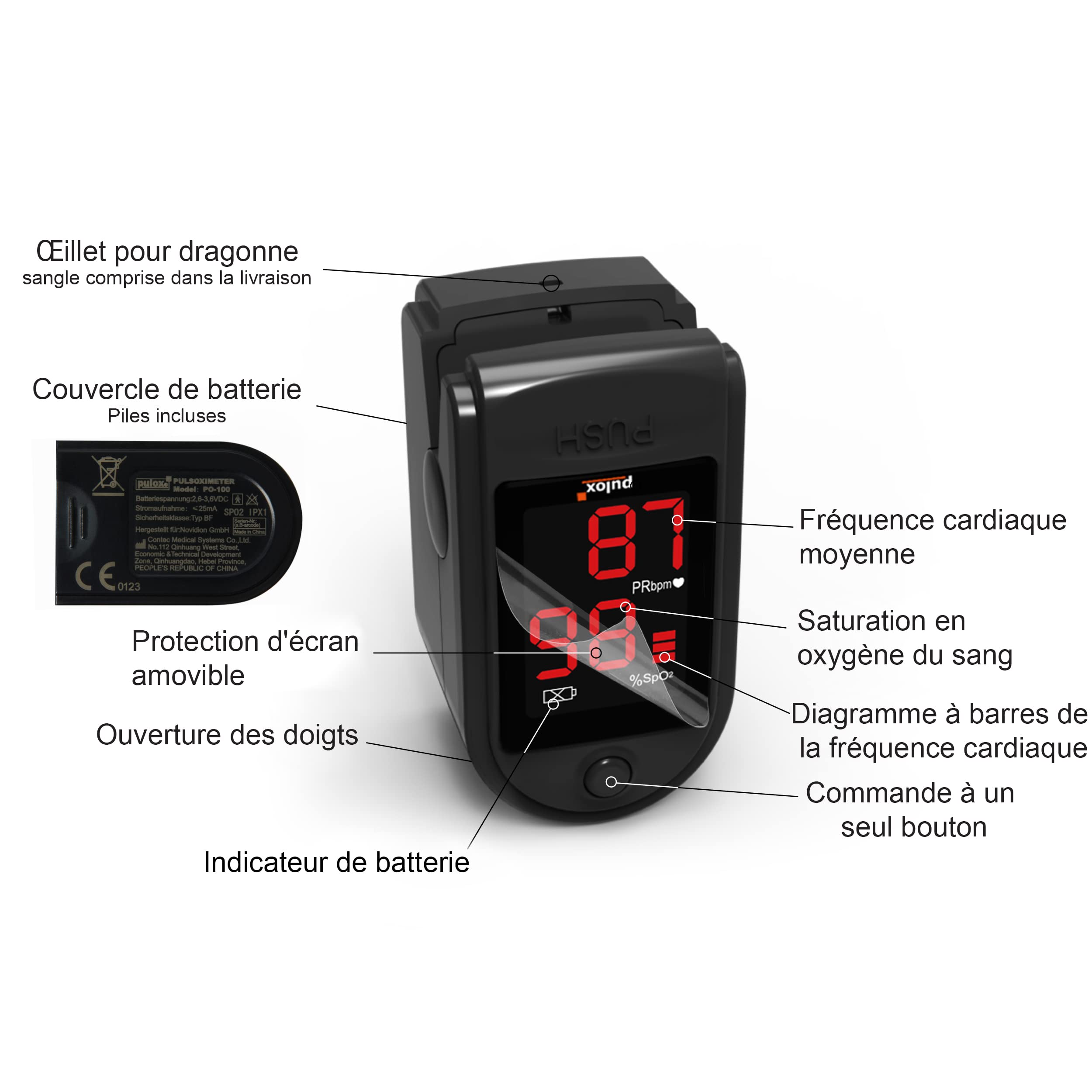 Pulox Oxymètre de pouls PO-100 (Noir) pour mesurer la Saturation en oxygène du Sang, avec Accessoires