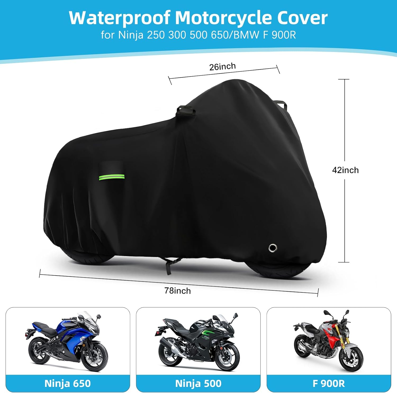 Motorcycle Cover Waterproof for Kawasaki Ninja 250 300 400 500 650/BMW F 900R, Heavy Duty Outdoor Sun UV Rain Dust All Weather Protection Motorbike Cover with Soft Cotton Lining & Lock Hole-Black