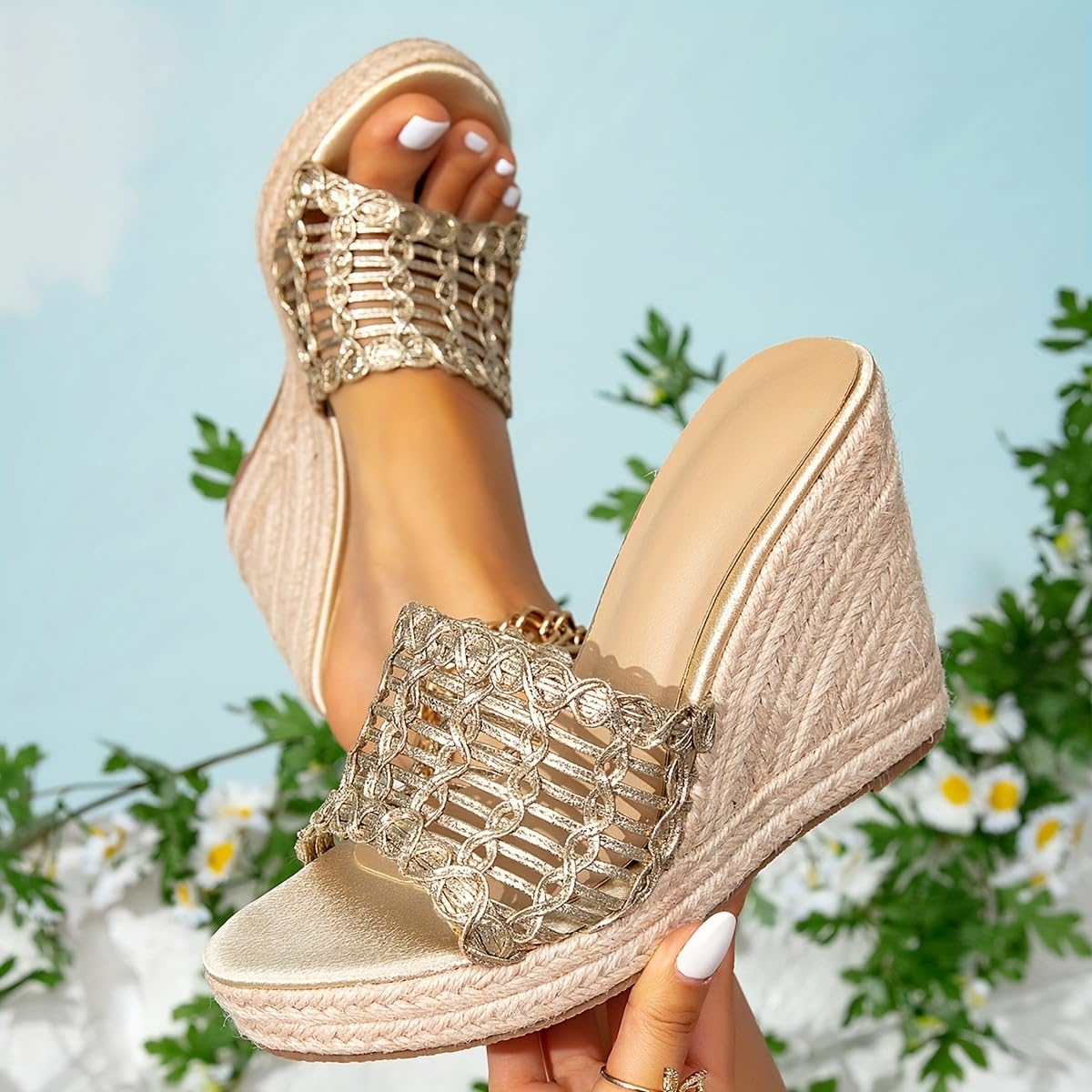 Sandalias Vacaciones Mujer Esparto Cuña Champagne Verano | Perfectas para vacaciones y playa, parte superior textil transpirable, cuña cómoda y estilo casual versátil