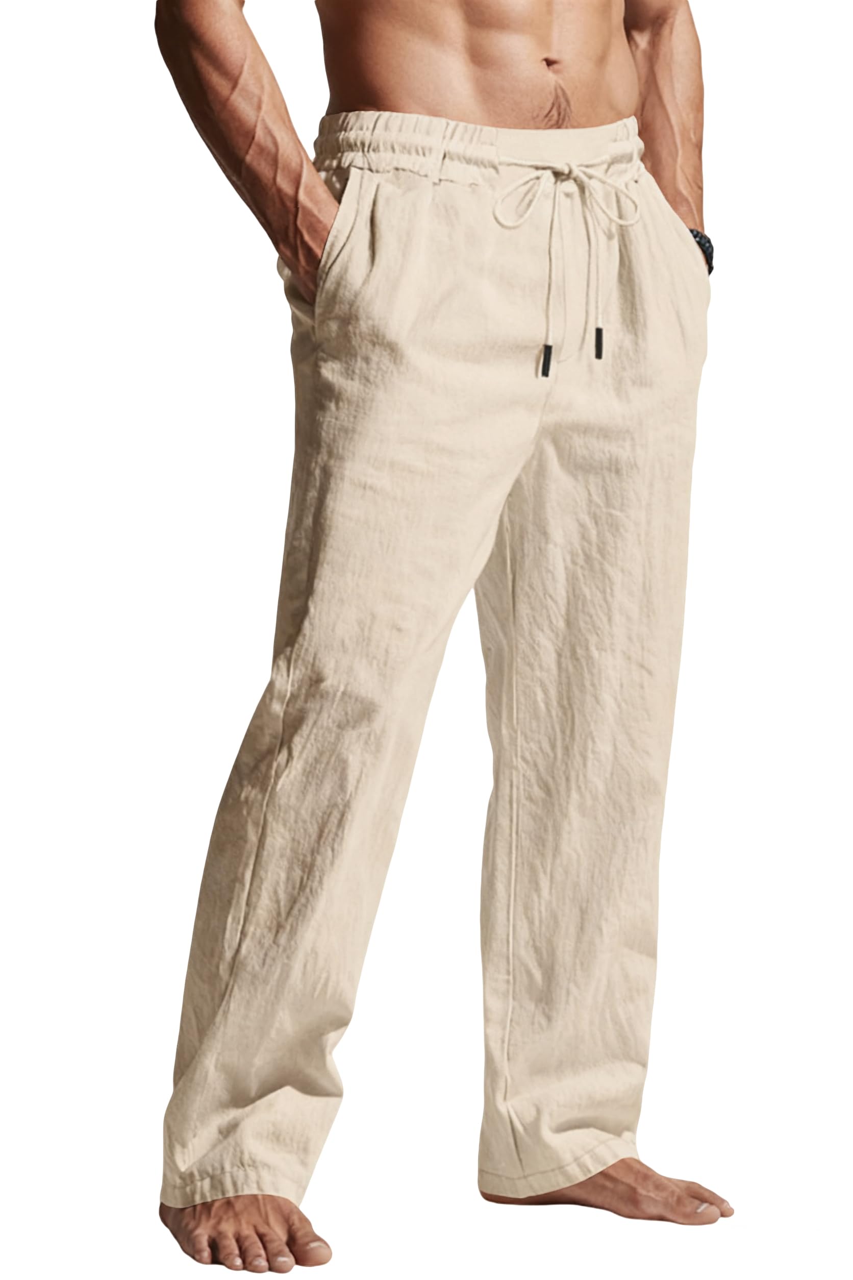 Mens Casual Linen Pants Elastic Waist Drawstring Summer Beach Lightweight Trouser with Pockets