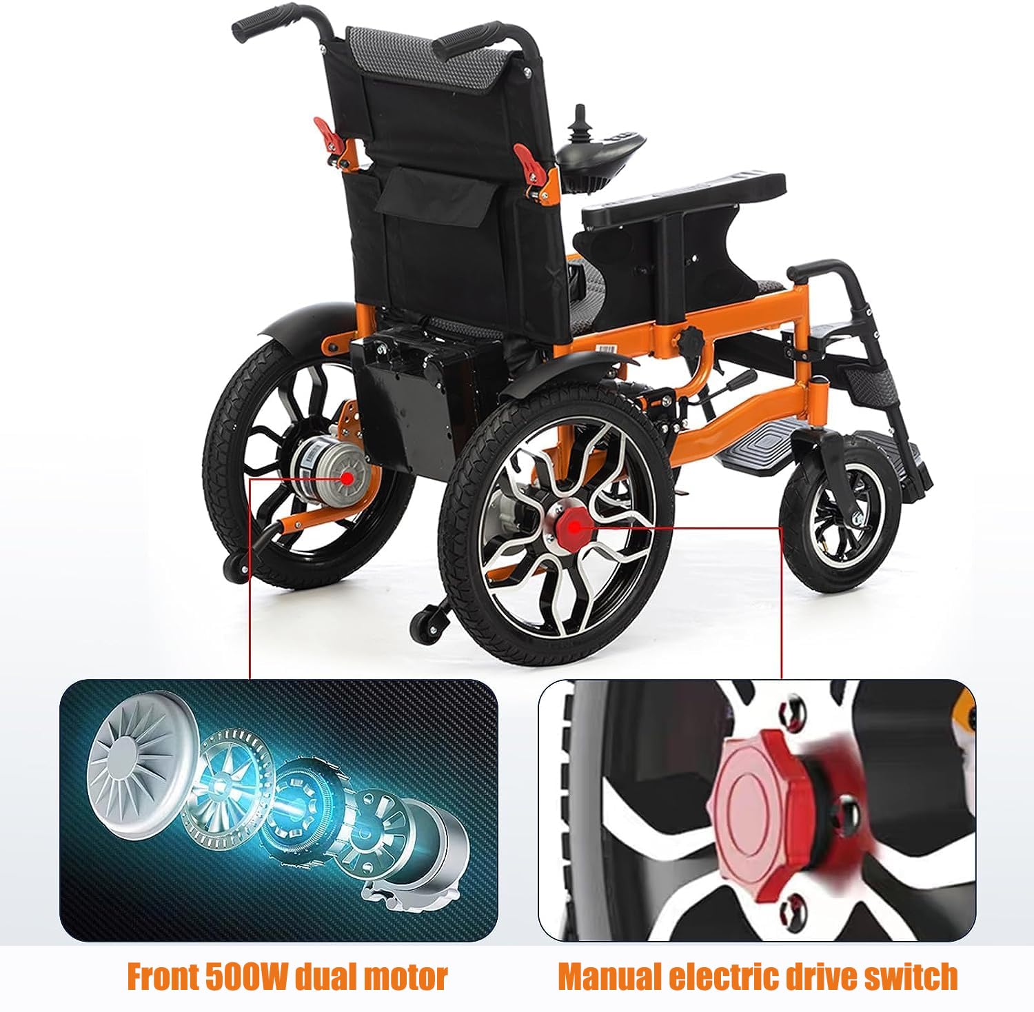 Silla de ruedas eléctrica, todo terreno motorizada para adultos, silla de ruedas ligera y plegable con motores duales de 500 W