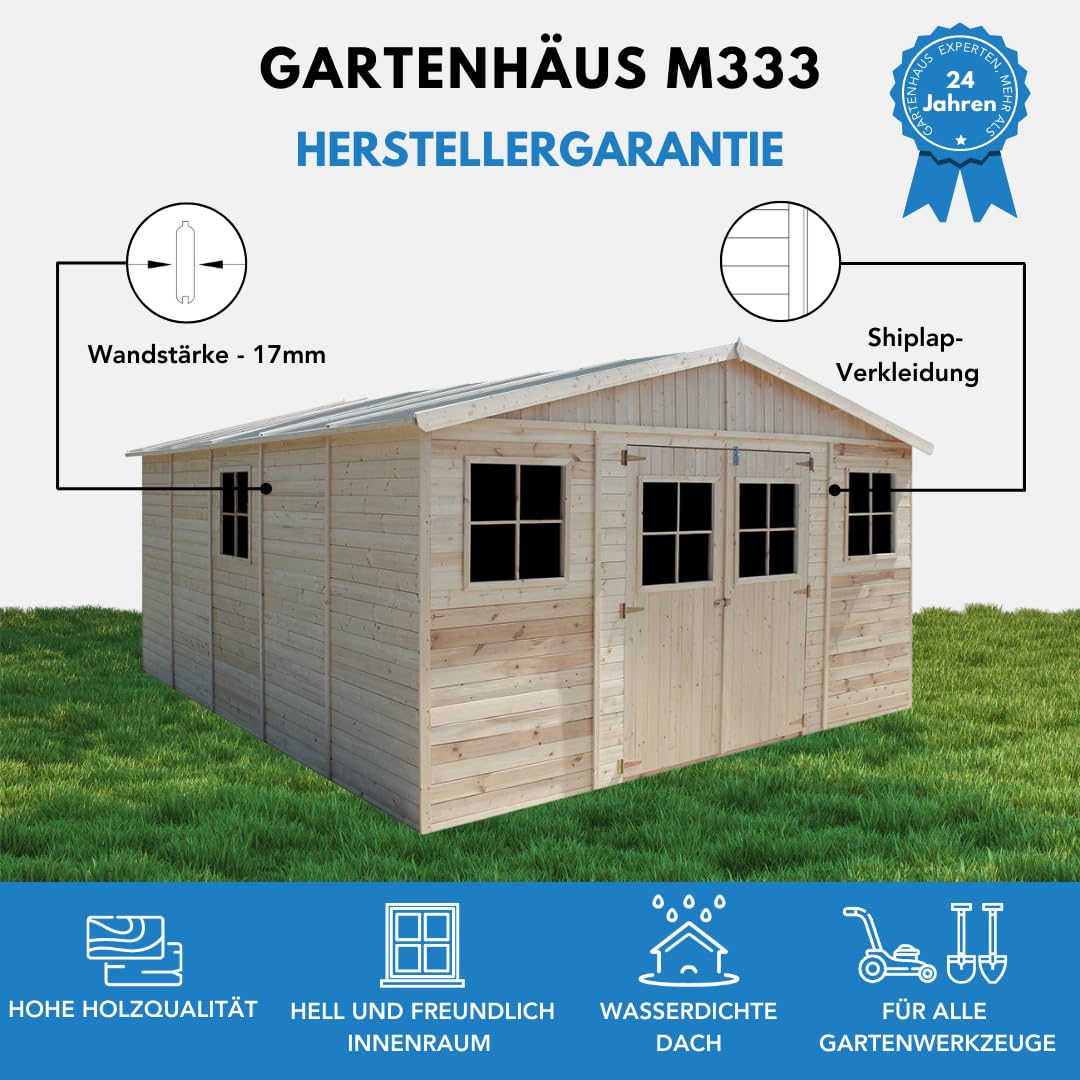 Gartenhaus Holz - Geräteschuppen mit Fenstern - H246 x 418 x 522 cm/ 20 m² Naturholz-Shiplap-Schuppen - Gerätehaus - Fahrradschuppen - TIMBELA M333