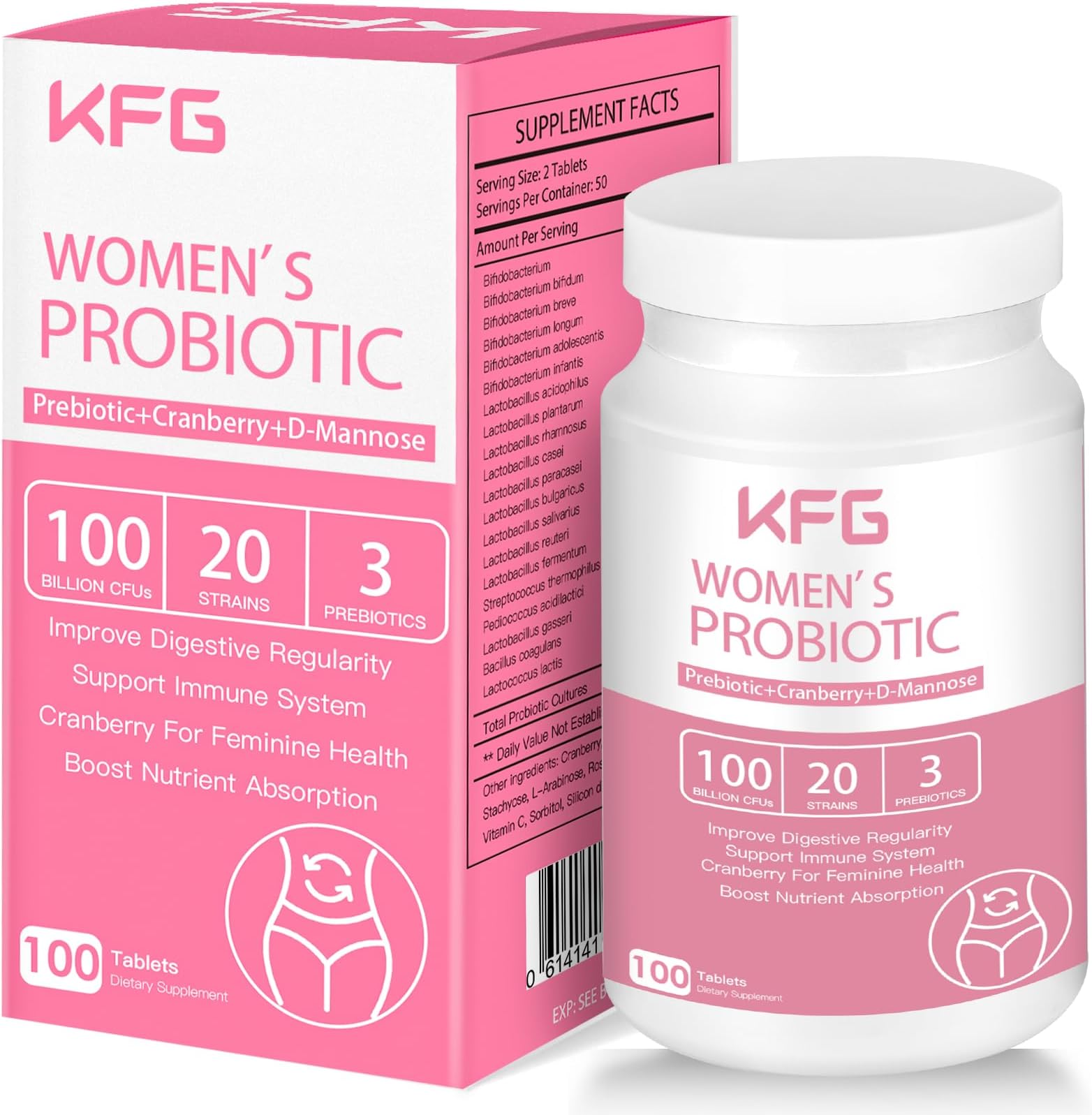 KFG Women's Probiotic, 100 Billion CFUs, 20 Strains, with Organic Prebiotics+Cranberry & D-Mannose, for Boost Immune, Digestive, Gut, Vaginal & Urinary Health, Gluten Dairy & Soy Free, 100 Tablets.