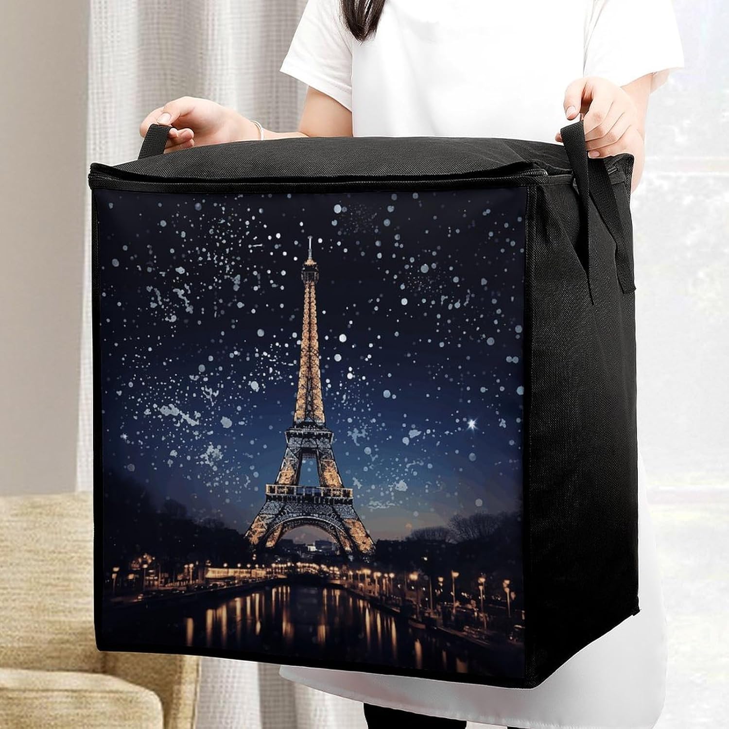 Night Paris Eiffel Tower Storage Bag with Zippers And Handle Extra Large Bedding Comforter Storage Bag Foldable Blanket Storage Bags Fabric Moving Bags for Closet Organizer (70L)