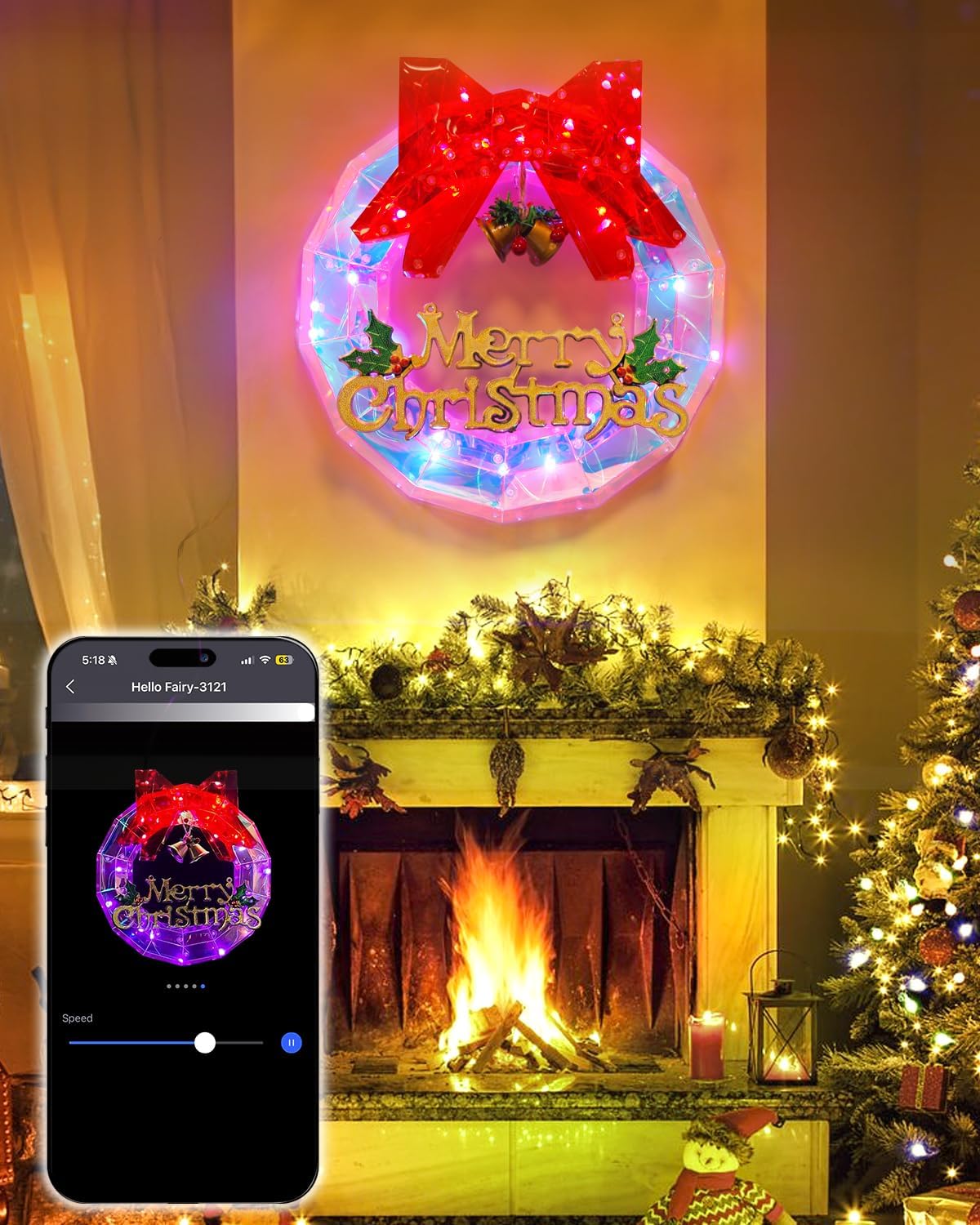 12″ Christmas Wreaths Lighted with DIY Color Changing, Smart App Control, Prismatic Iridescent LED, Music Sync, USB Powered, Pre-Lit Wreath for Front Door, Party, Window & Indoor Decorations