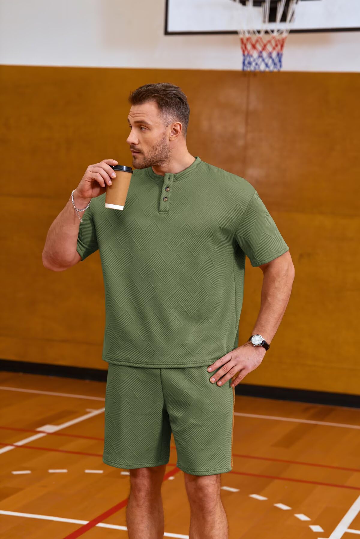 Remxi Conjunto deportivo de 2 piezas para hombre, con camiseta Henley de jacquard y pantalones cortos, conjuntos casuales para correr, conjuntos de verano a juego