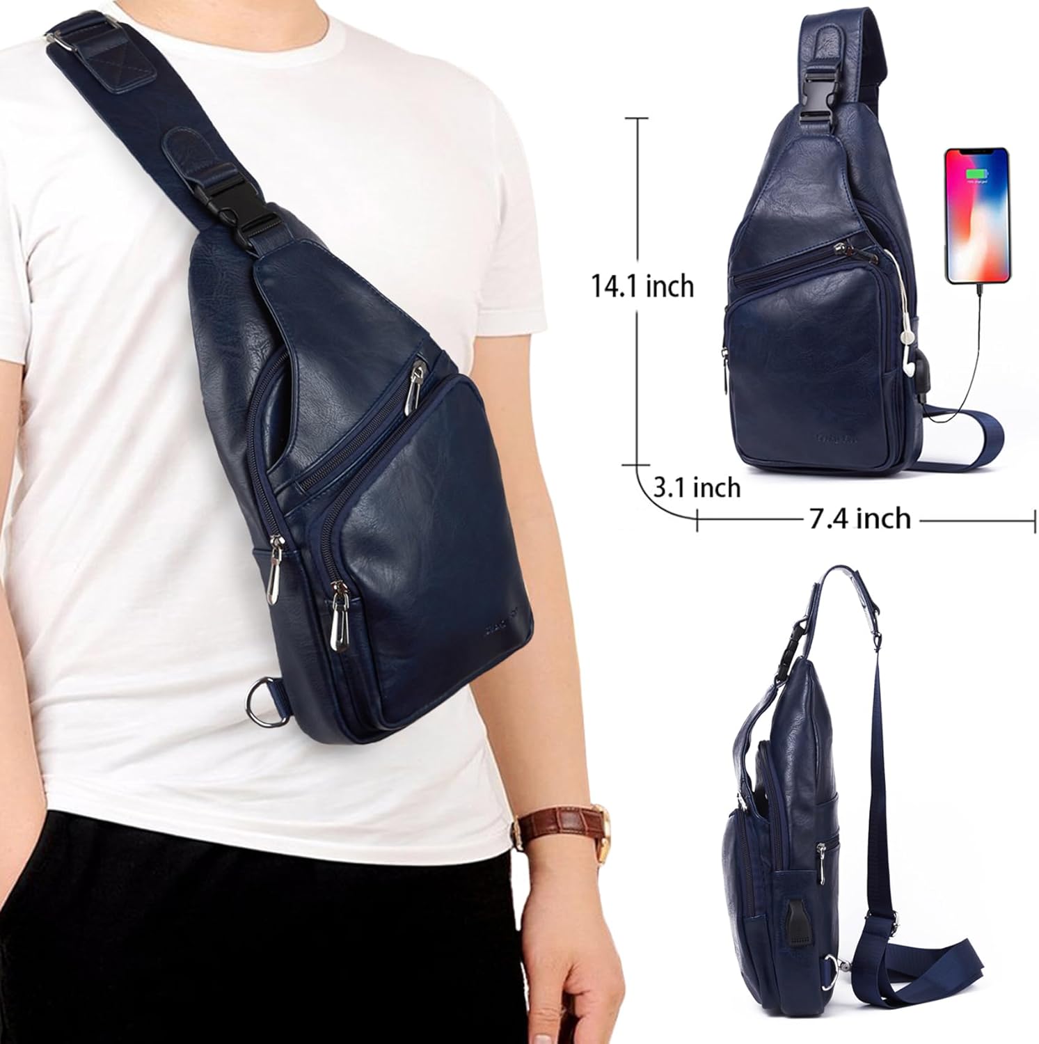 Seoky Rop Men's Sling Bag Lightweight Waterproof Chest Shoulder Crossbody Bag with USB Charging Port Blue - Image 2