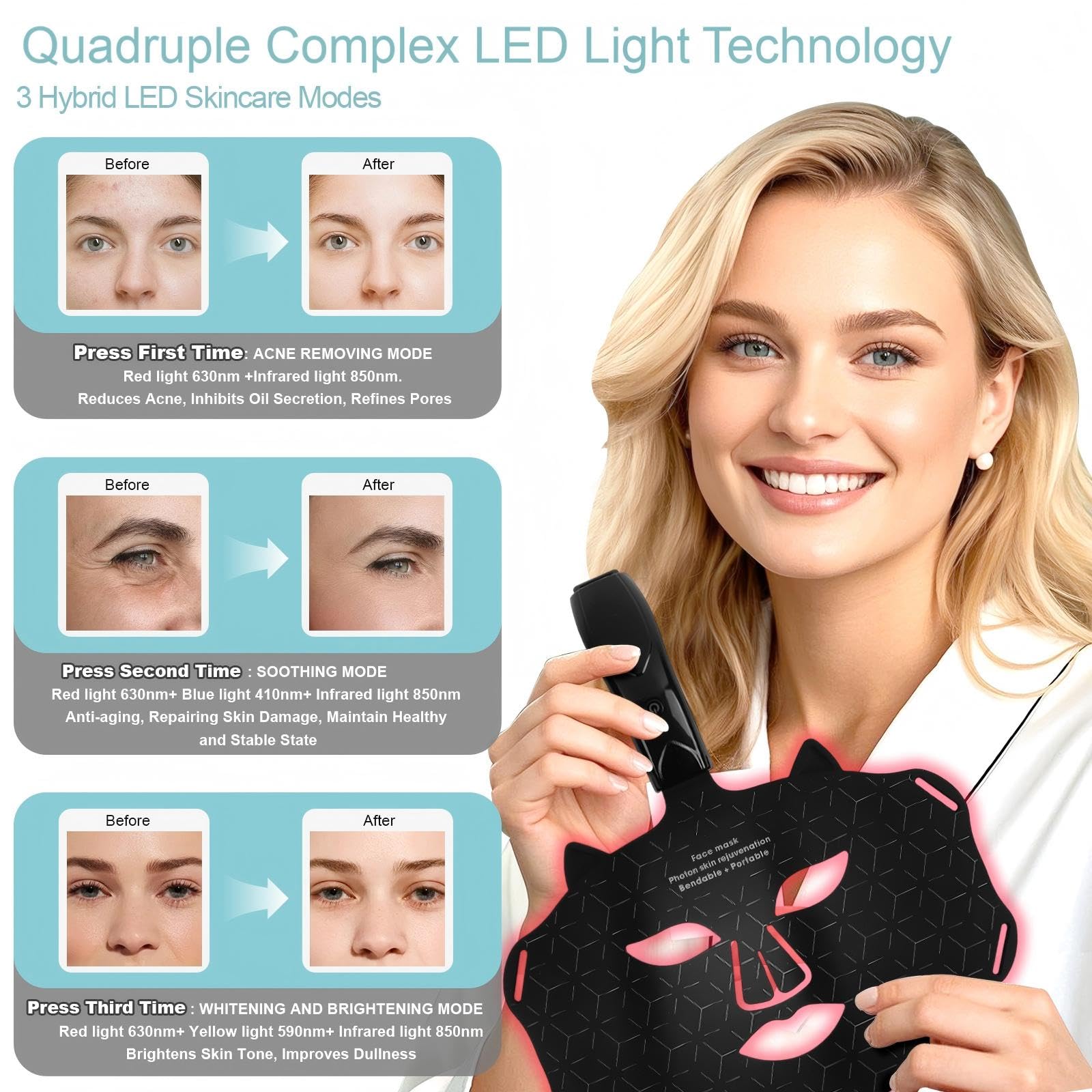 Maschera LED Viso con 4 Colori,Maschera per Viso della Luce Rossa,Red Light Face Mask con 3 Modalità di Cura della Pelle,LED Mask Infrarossi Antirughe Anti-acne,per Tutti i Tipi di Pelle a Casa
