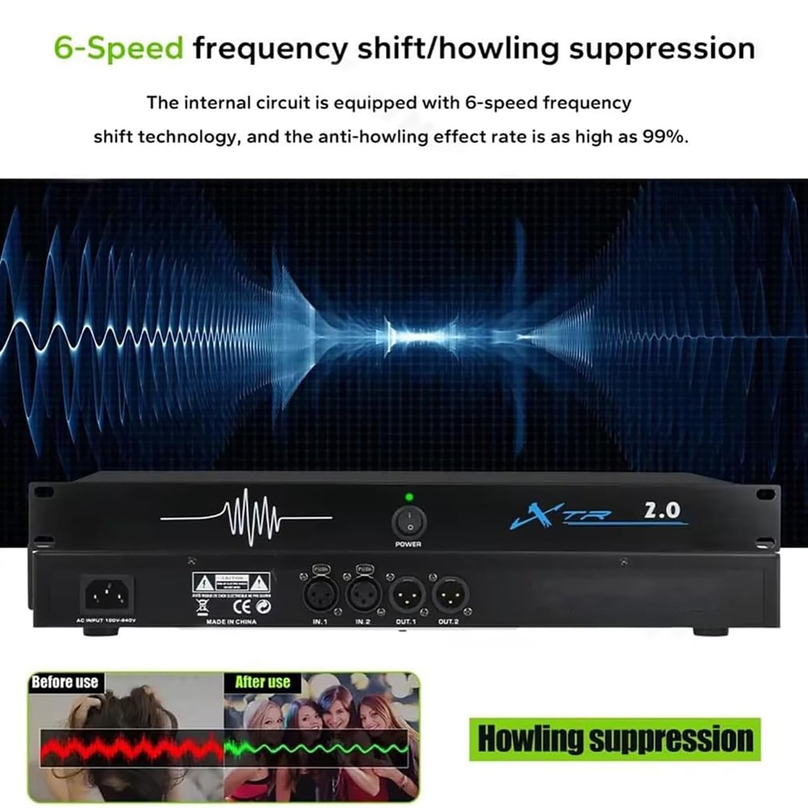 Professioneller Feedback-Unterdrücker, Audioprozessor, Mikrofon-Rückkopplungs-Frequenzwandler, digitale Rückkopplungsunterdrückung Stufe 5, for Bühne, KTV, Bar und Party(4 in 4 out)
