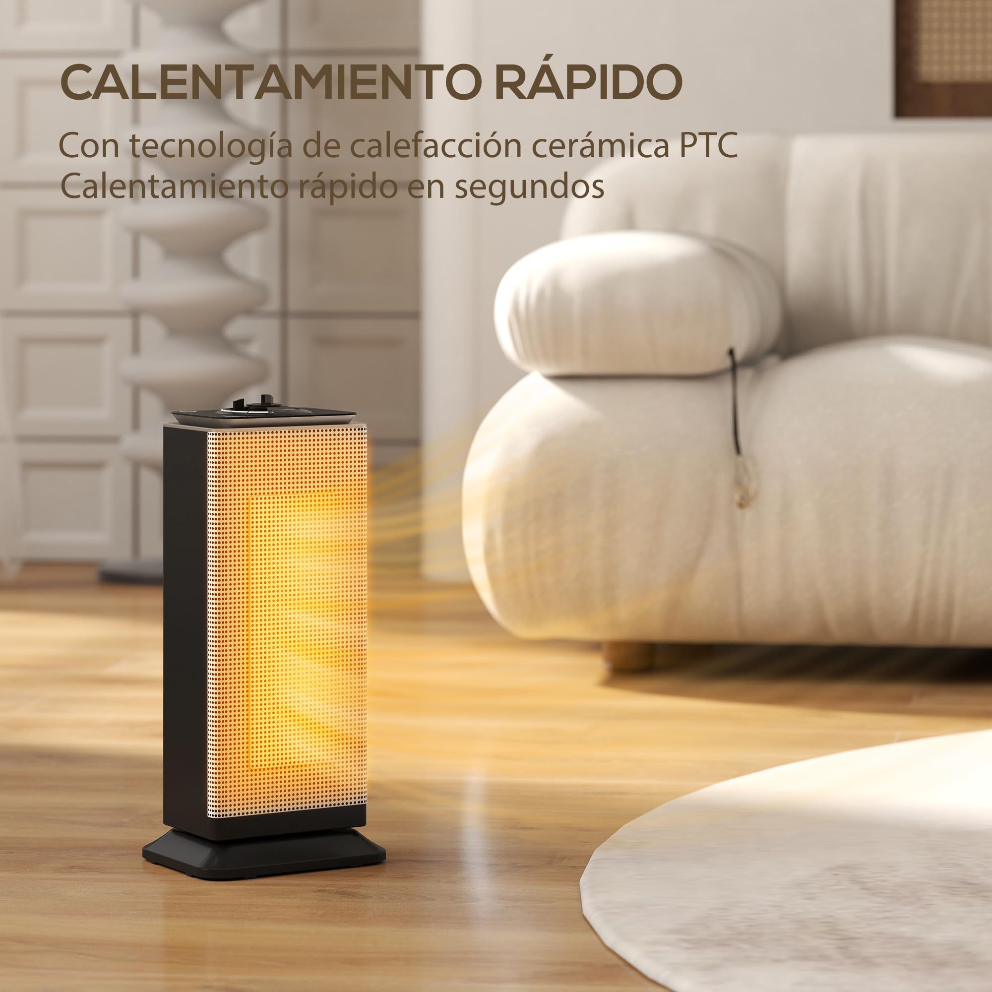 HOMCOM Calefactor Eléctrico Bajo Consumo Cerámico 2000W PTC 3 Modos Negro | Termostato Regulable, Oscilación de 55°, Protección contra Vuelcos y Sobrecalentamiento, para 15㎡ en Dormitorio