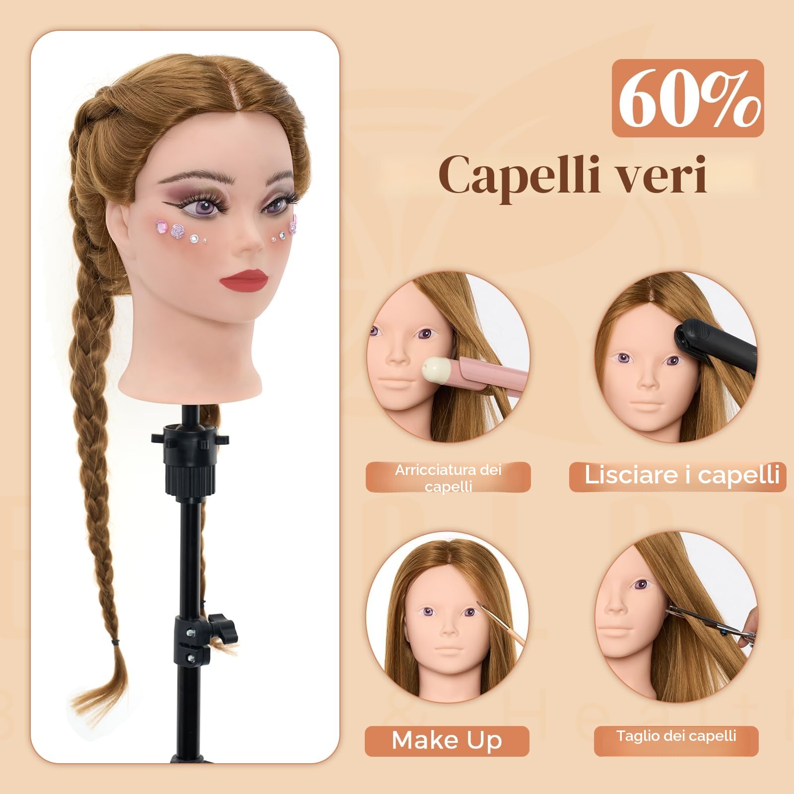 Neverland Testa per Parrucchieri, 28" 60% Capelli Veri Testa Bambola da Truccare e Pettinare Testa Manichino con Supporto Morsetto da Tavolo, Ciglia, Fai da te Capelli Styling Treccia Set