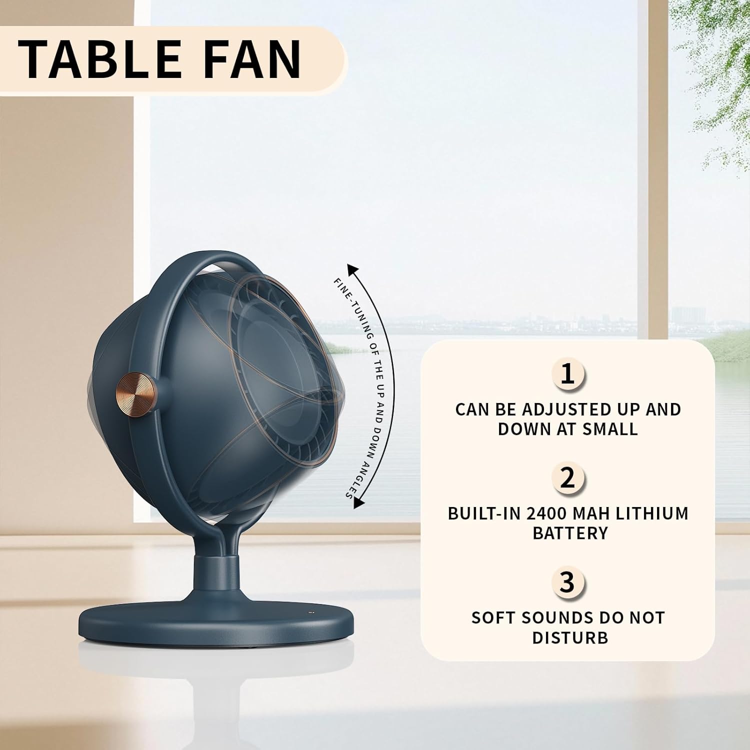 Desk Fan,Table Fans,Quiet 7.5 Inches Fan for Bedroom,Tabletop Air Circulator Fans,Rechargeable Desk Fan,Portable Desk Fan,Fan for Office,3 speeds,can be fine-tuned up and down,Suitable for Dormitory