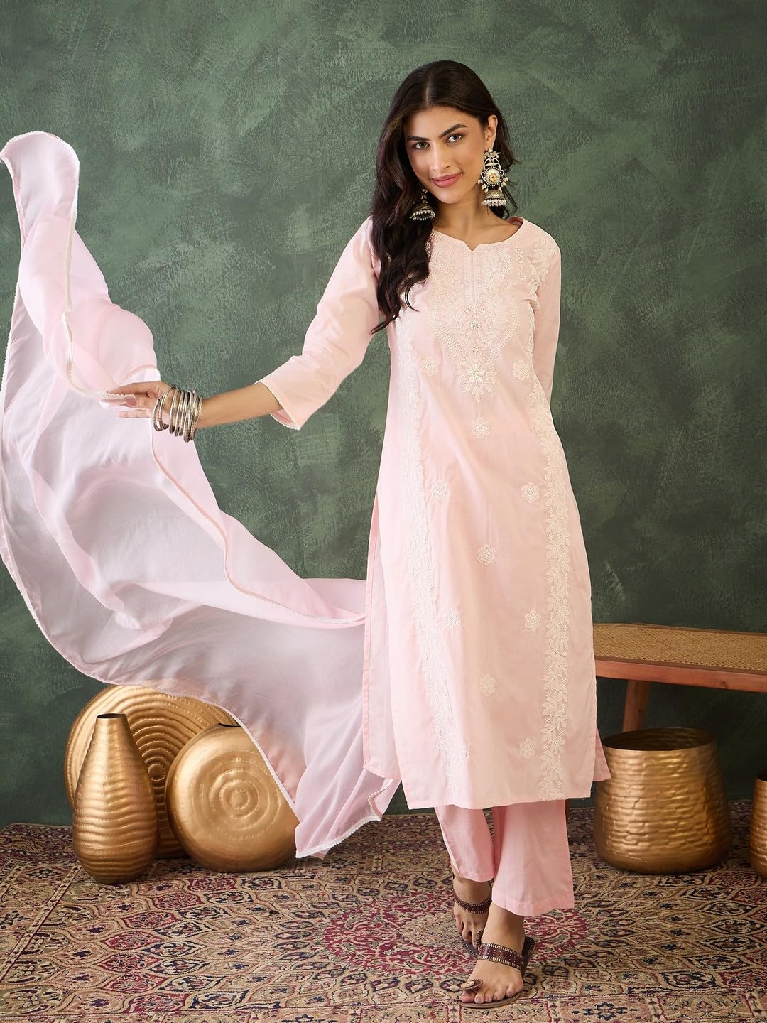 LookMark Set kurti da donna in misto cotone ricamato con kurti dritto Dupatta con pantaloni etnici tradizionali