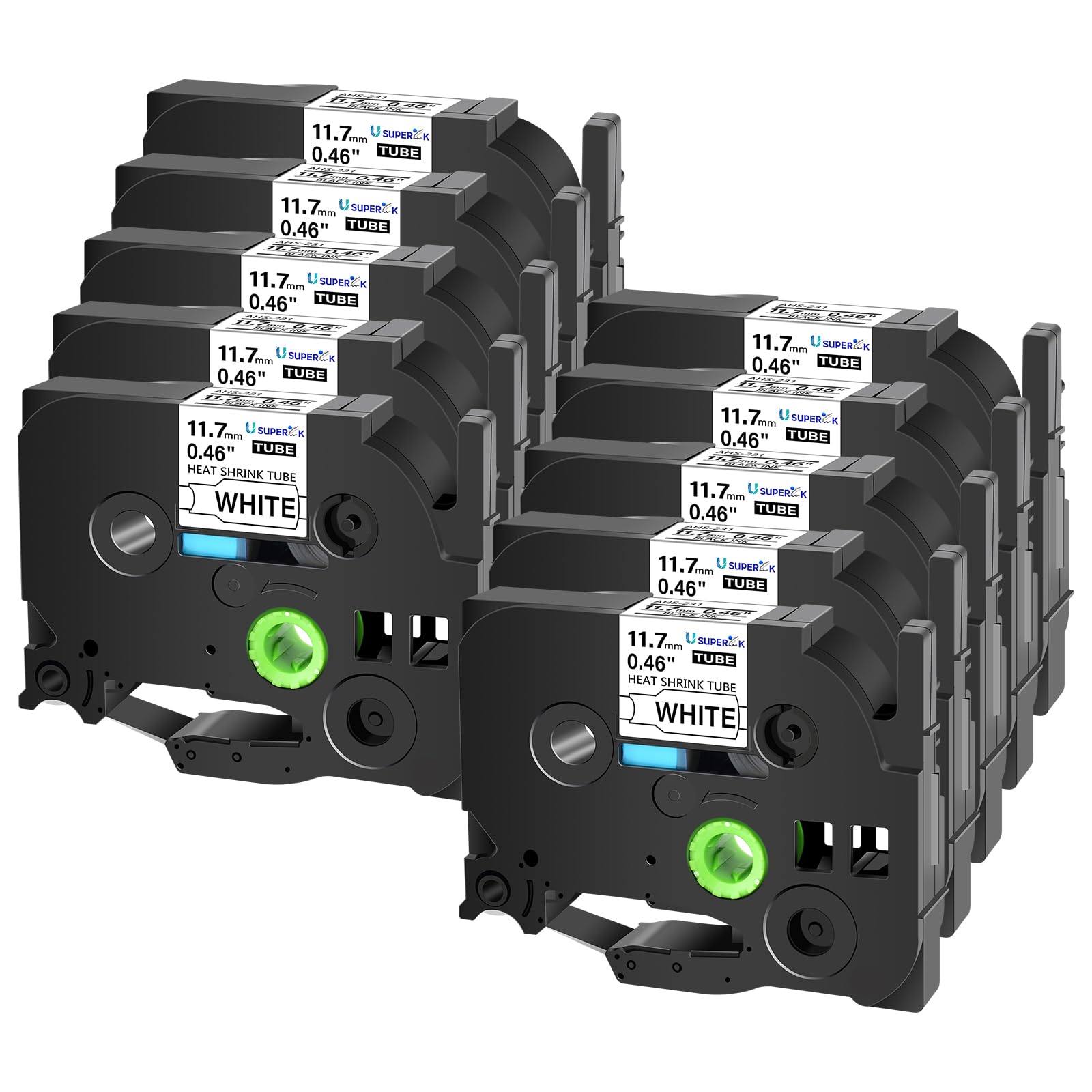 USUPERINK 10PK Compatible for Ptouch HSe-231 HSe231 HS-231 HS231 Black on White 11.7mm 0.46'' Heat Shrink Tubing for Wire Cable for PT300 PT-300B