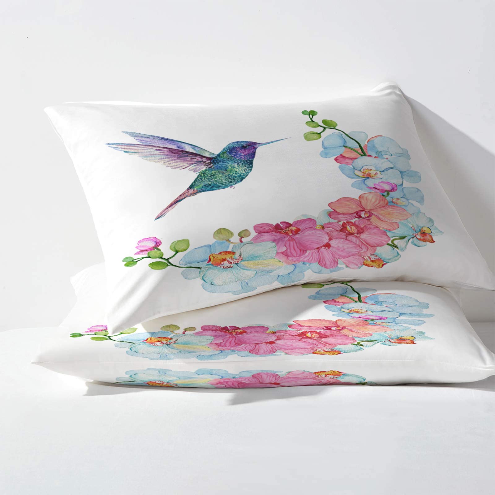 NOGAWA Vogel Spannbettlaken 160x200cm, Spannbetttuch Blume Muster, Weiche Mikrofaser Boxspringbett Bettlaken geeignet für Matratzen von 30 cm Mit 2 Kopfkissenbezug 80x80 cm