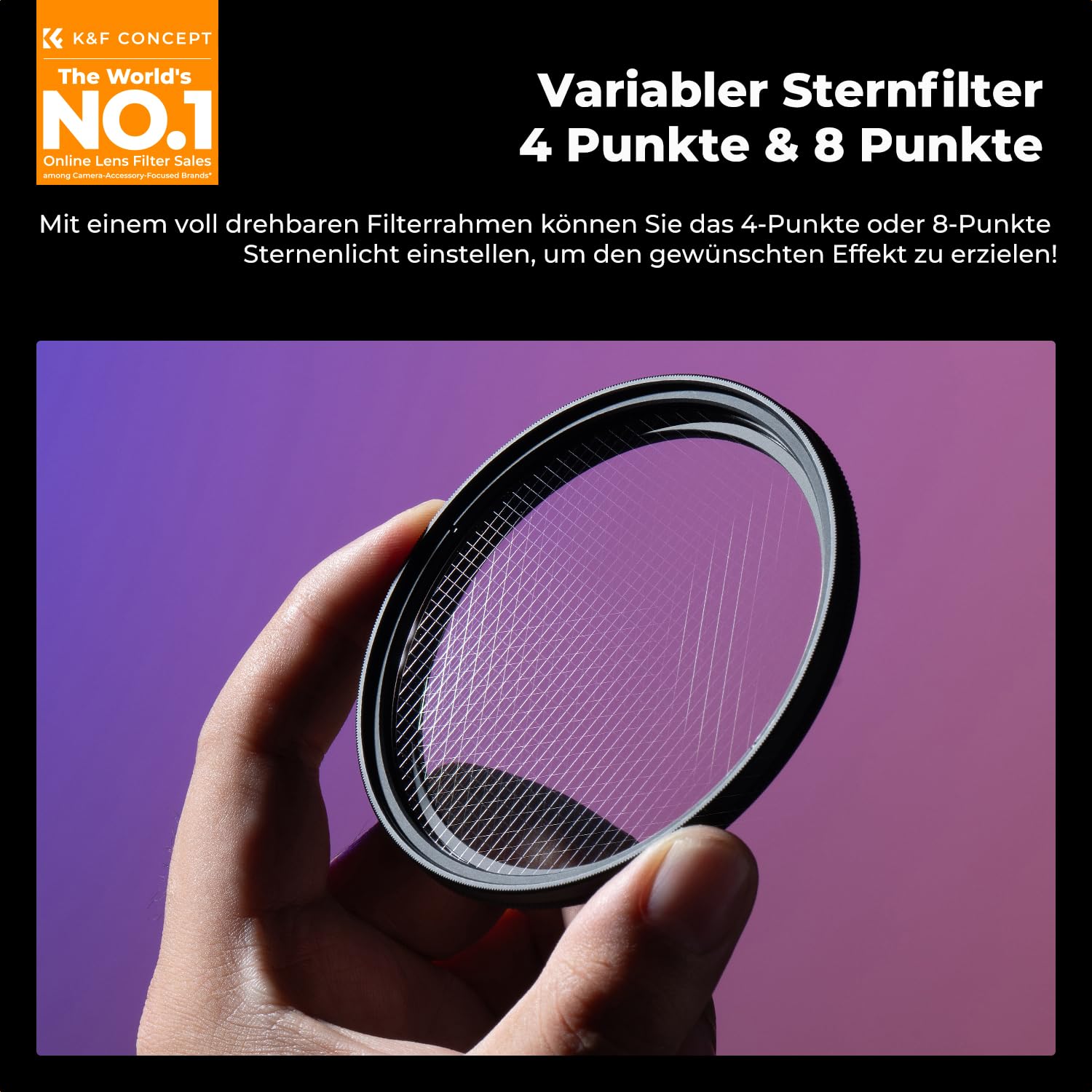 K&F CONCEPT Variabler Kurzstrahl-Sternfilter 4&8 Punkte Dezenter Glanz | 58mm,Optisches Glas,HD,Multi-Beschichtung,Wasserfest,für Nacht Lichtaufnahmen,Nano-Xcel Series