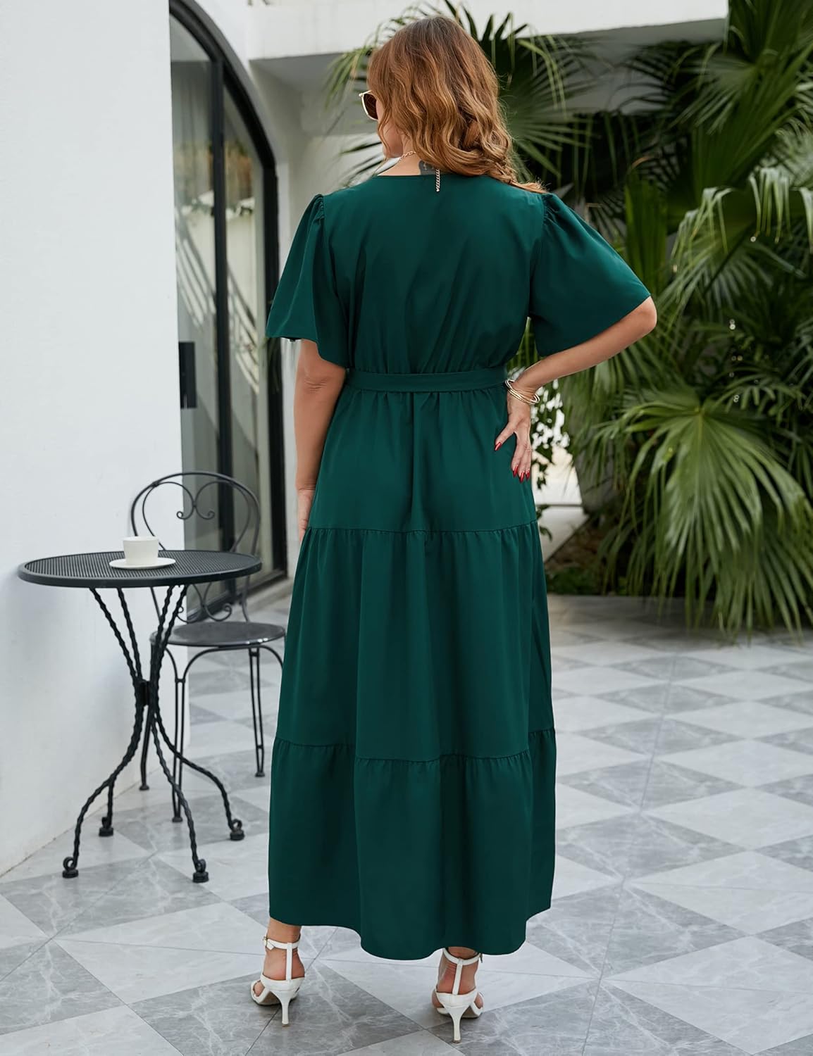 KOJOOIN Women Plus Size V Neck Wrap Maxi Dress Short Sleeves High Waist Ruffle Summer Casual Dress with Belt - Image 4